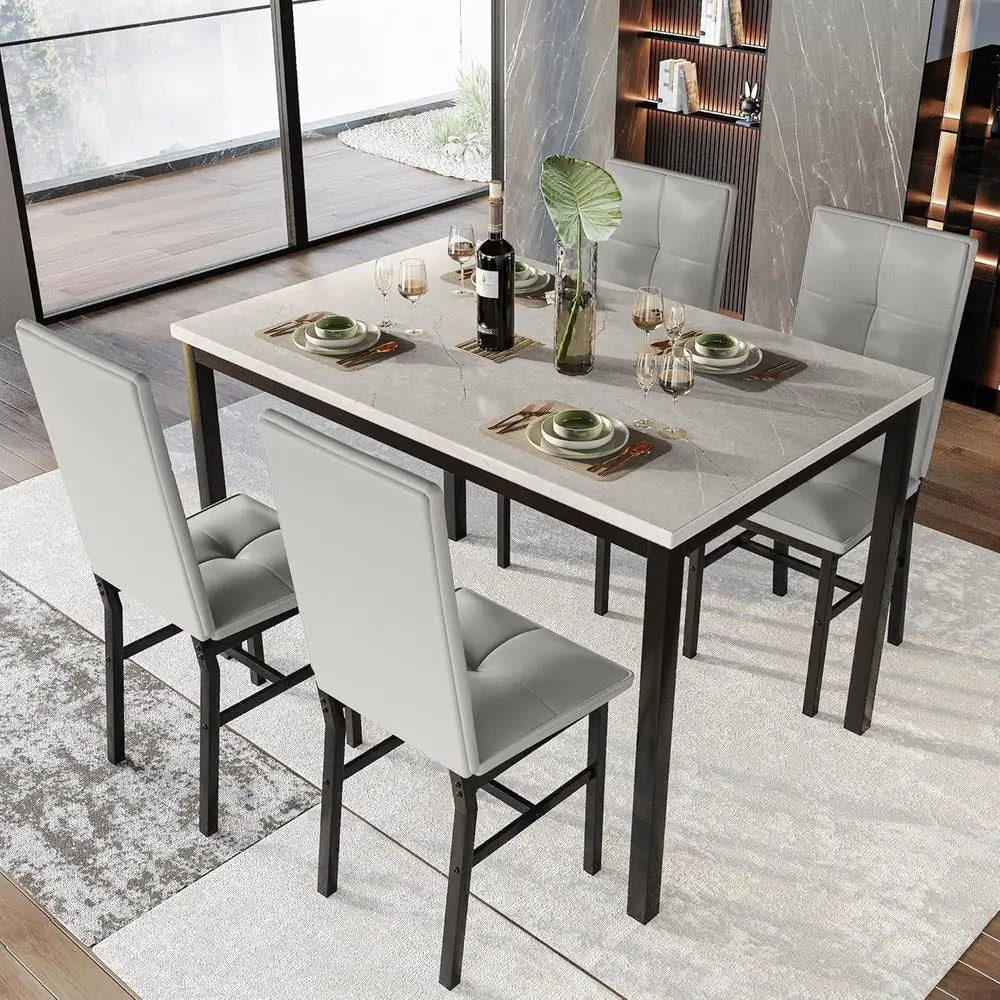 4-Person Marble Kitchen Table with 4 PU Leather Chairs,