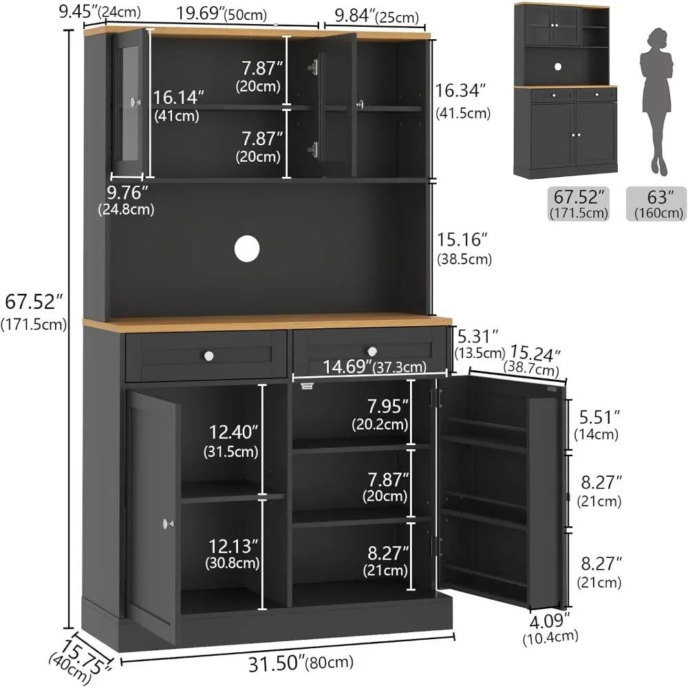 Modern Kitchen Hutch with Microwave Stand, Kitchen Pantry Storage Cabinet with 2 Darwers & Door Shelf，Tall Pantry Cabinet