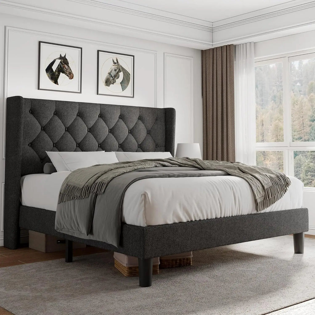 Queen Velvet Platform Bed Button Tufted Upholstered Frame