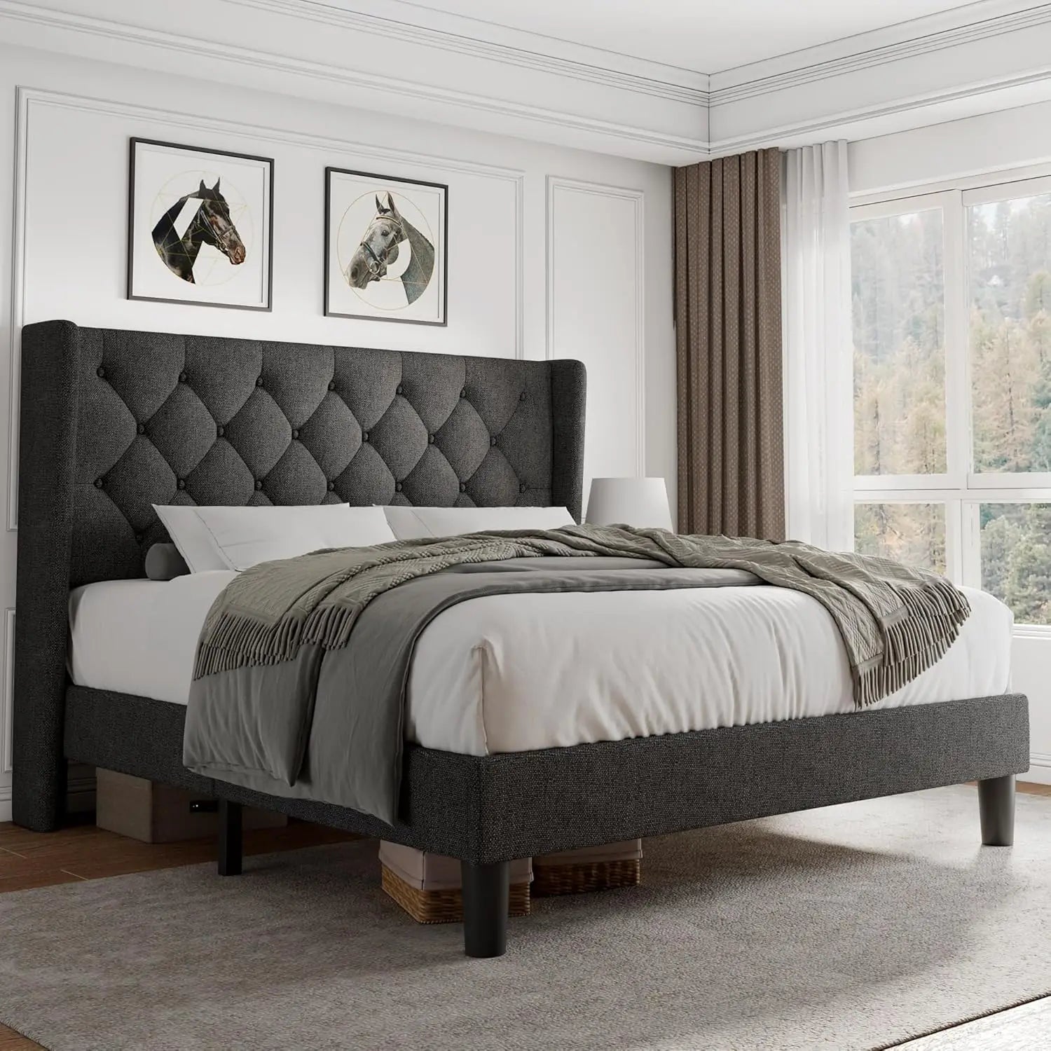 Queen Velvet Platform Bed Button Tufted Upholstered Frame