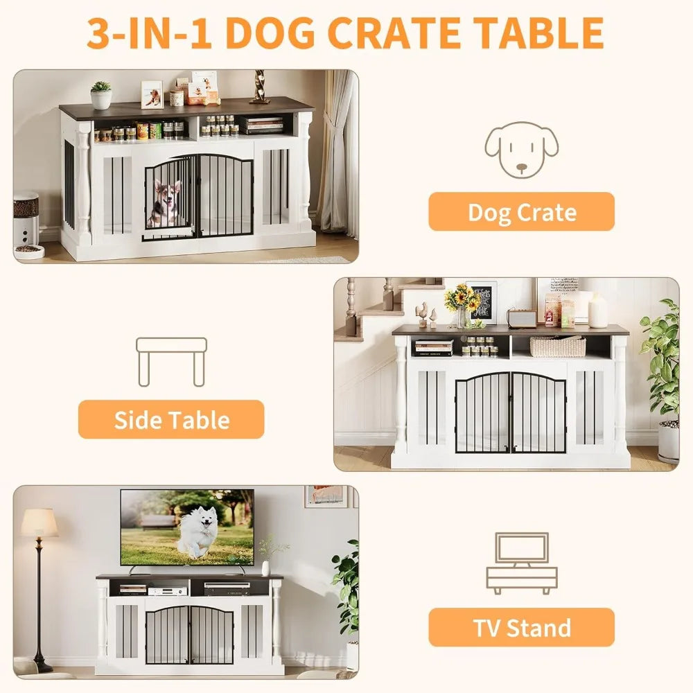 Roman Column 63 Inch Large Dog Crate Furniture for 2 Dogs with Open Storage, Heavy Duty Dog Kennel Entertainment Table TV Stand for Small and Medium Dogs