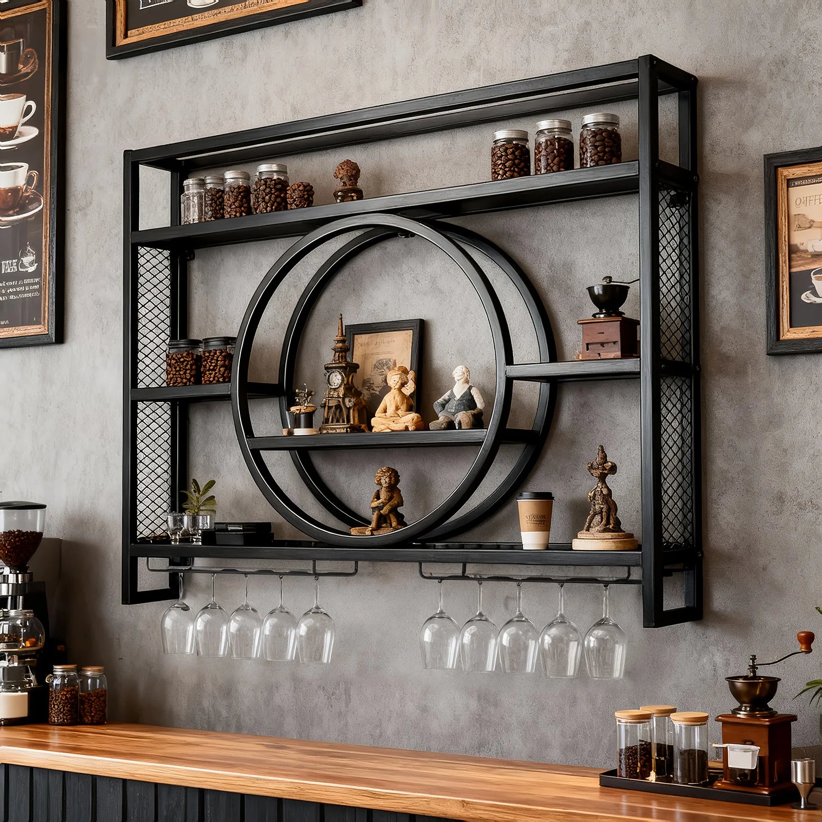 Wall-Mounted Metal Wine Rack & Bar Shelf