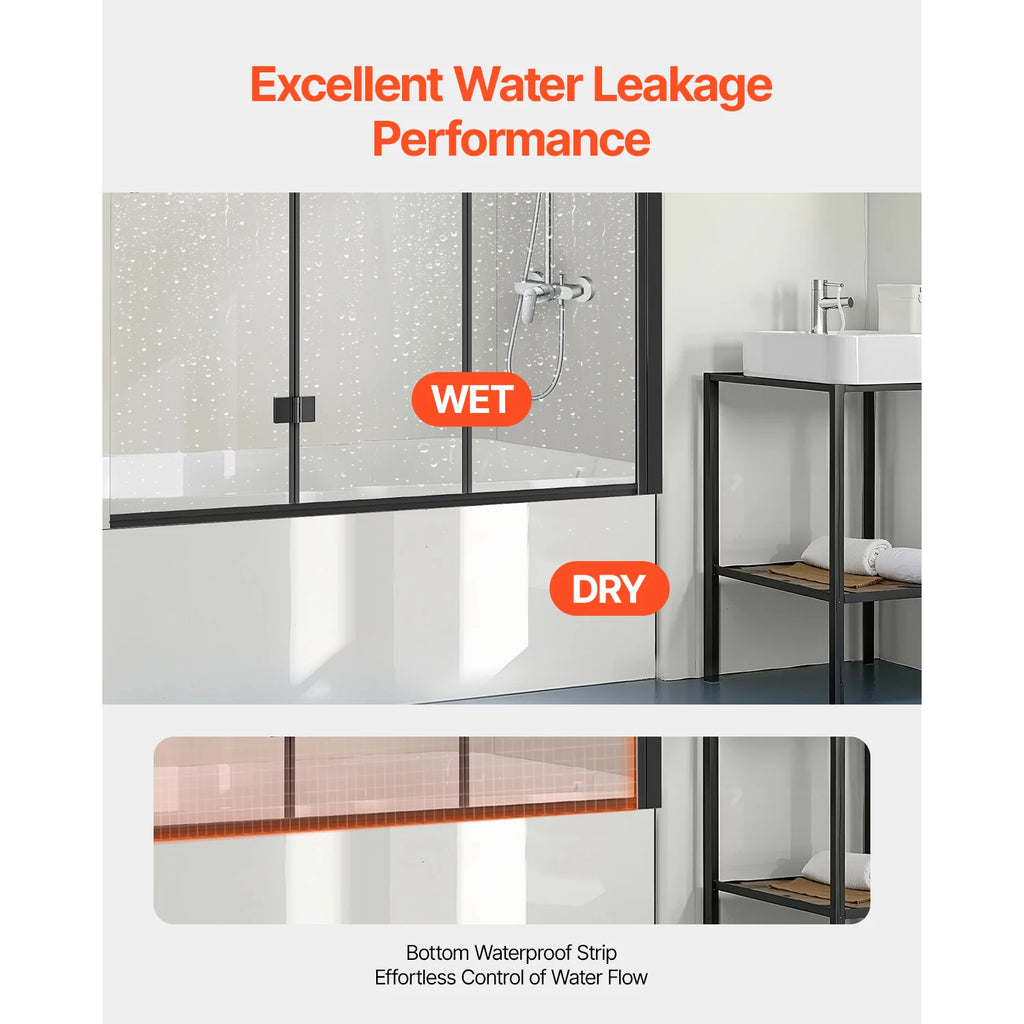 SucceBuy Bathtub Shower Door 51x 56 in Frameless Tri-Fold with 1/4 in Tempered Glass Door 180°Rotating and Folding for Bathtub