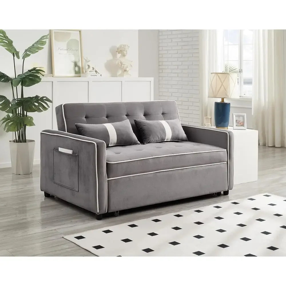 Grey Velvet Convertible Sleeper Sofa Bed