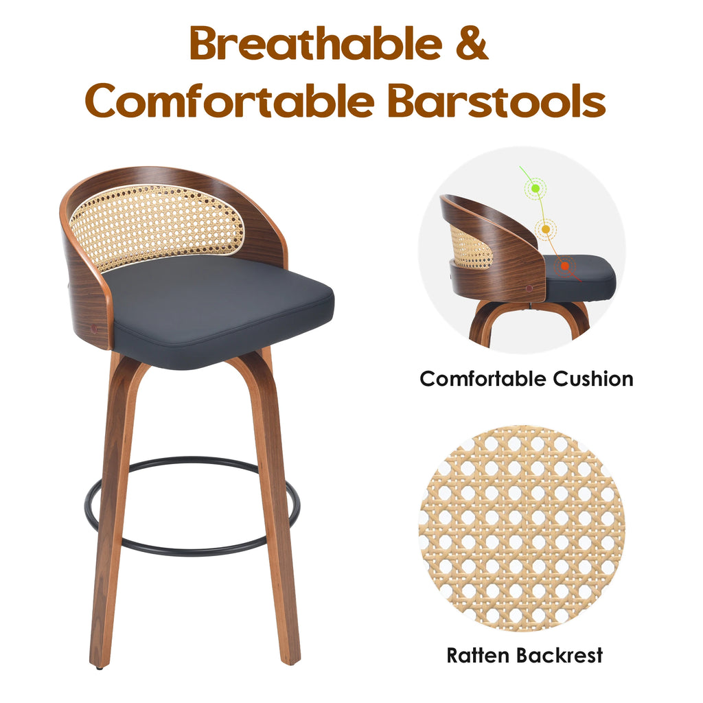 Set of 2 Swivel Bar Kitchen Stools, Modern Wood Frame with Rattan Back,