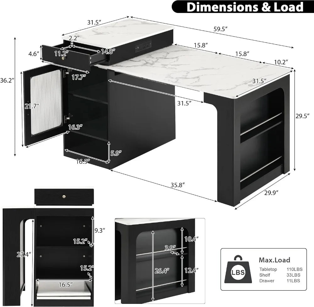 59.5" Kitchen Island with Extendable Dining Table, Black