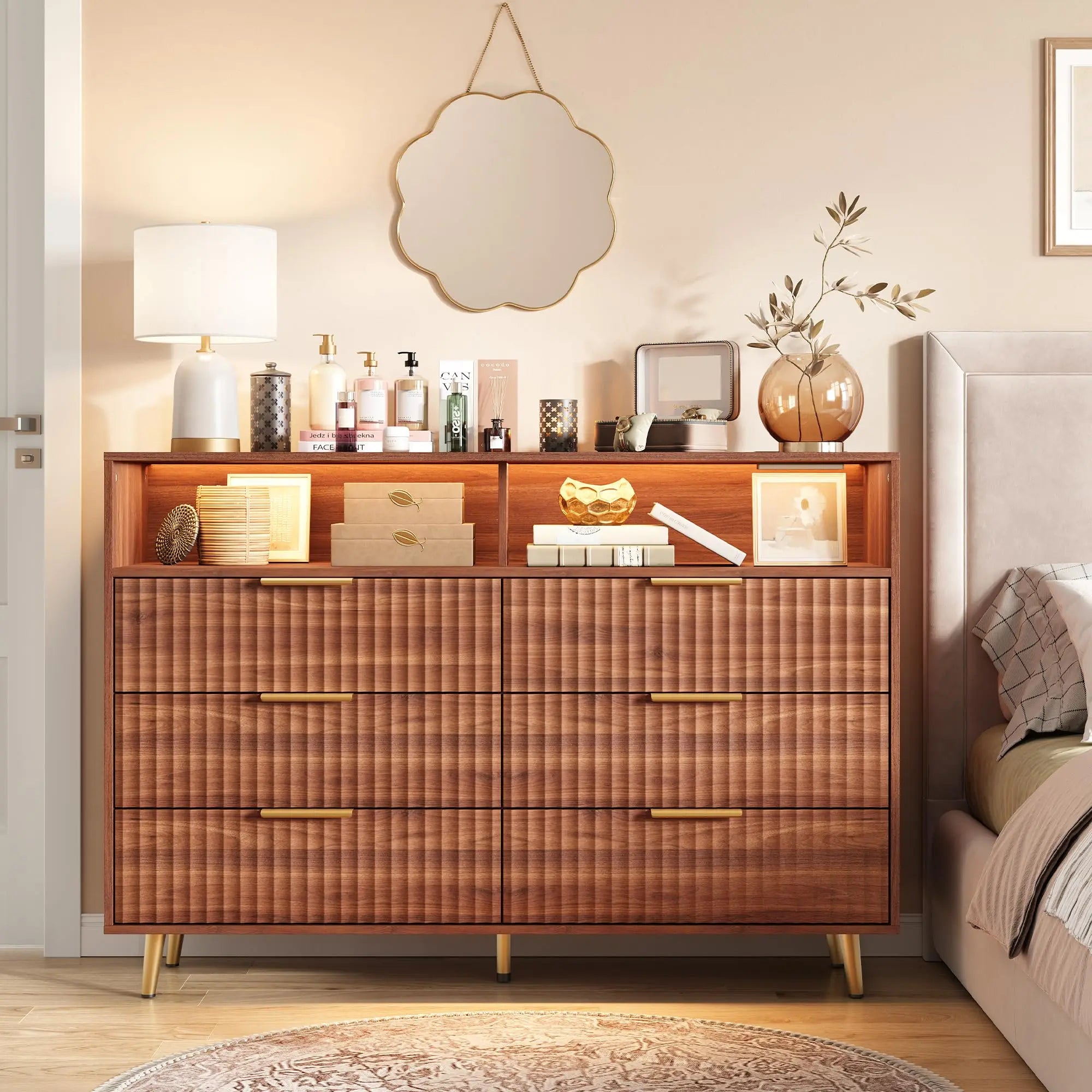 Modern Curved Fluted Wood Dresser With 6 Drawers LED Lights And Charging Station Room