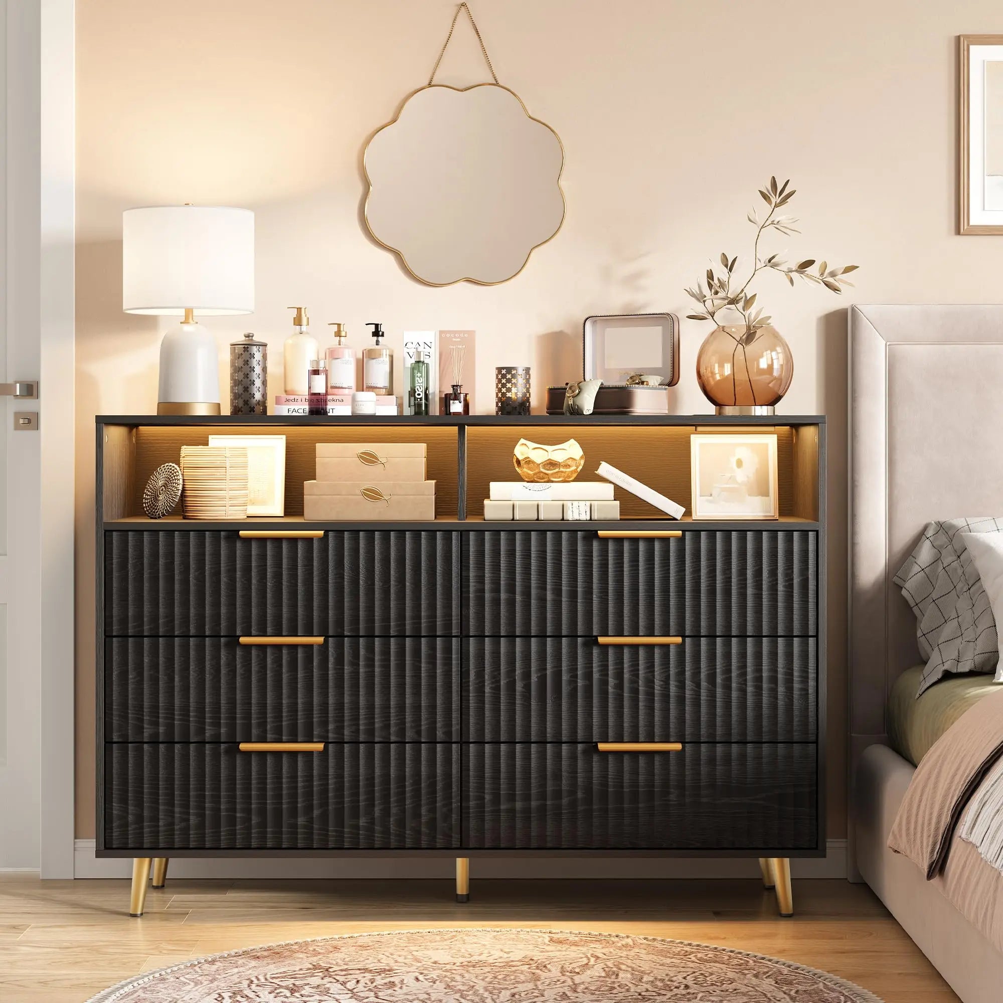 Modern Curved Fluted Wood Dresser With 6 Drawers LED Lights And Charging Station Room