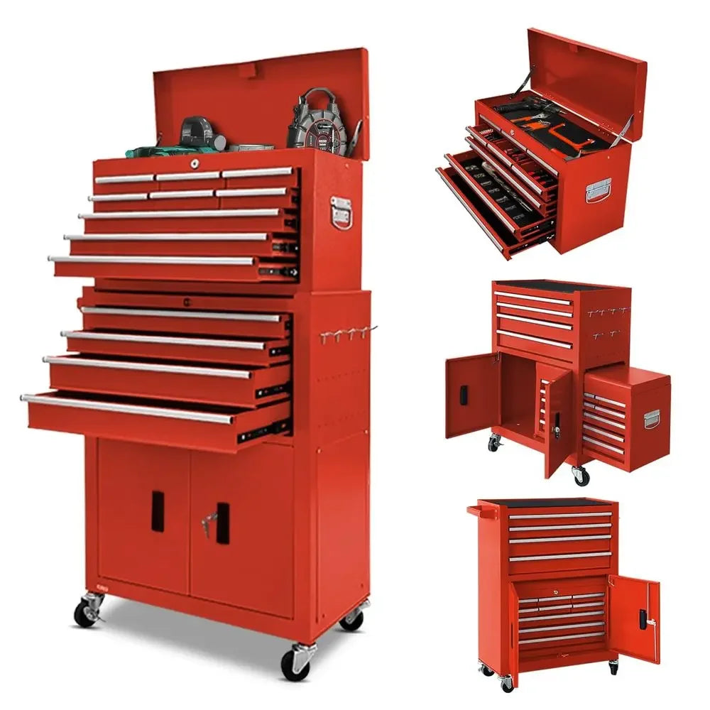 Rolling Tool Chest with Double Doors, 2 in 1 Detachable Rolling Tool Chests, Metal Standing Tool Cabinet with Lock, Large Toolb