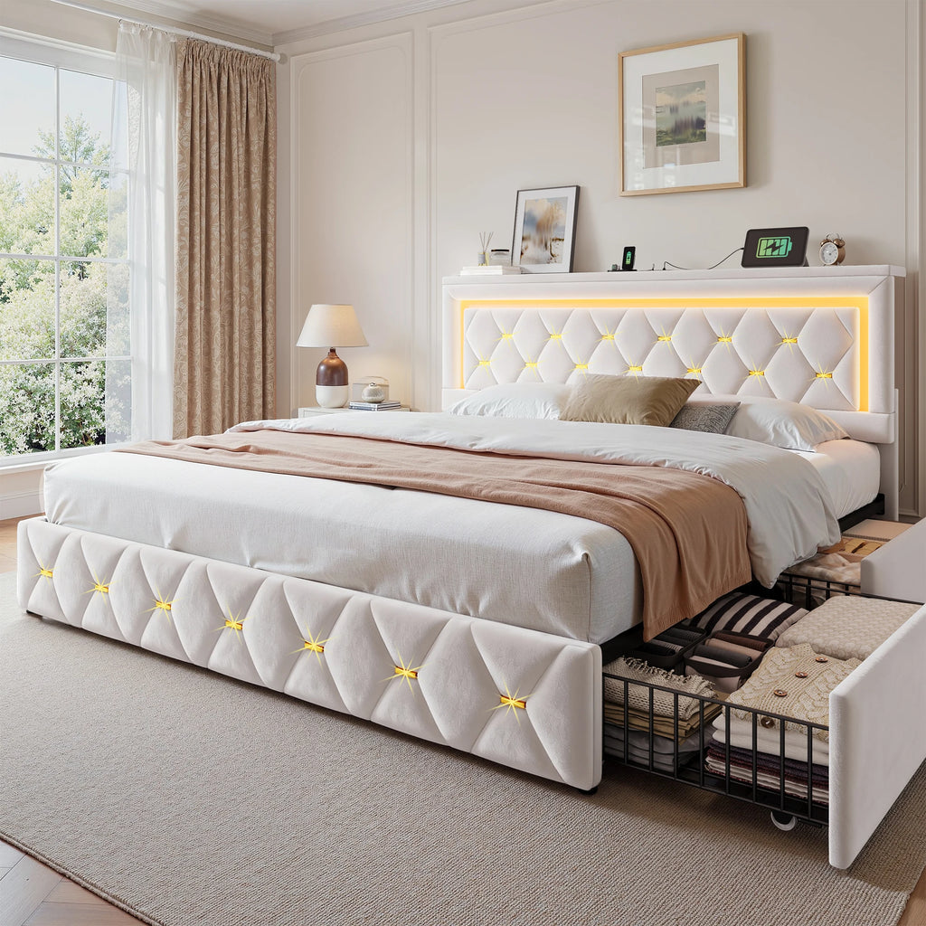 LED Bed Frame with 4 Storage Drawers Platform Bed