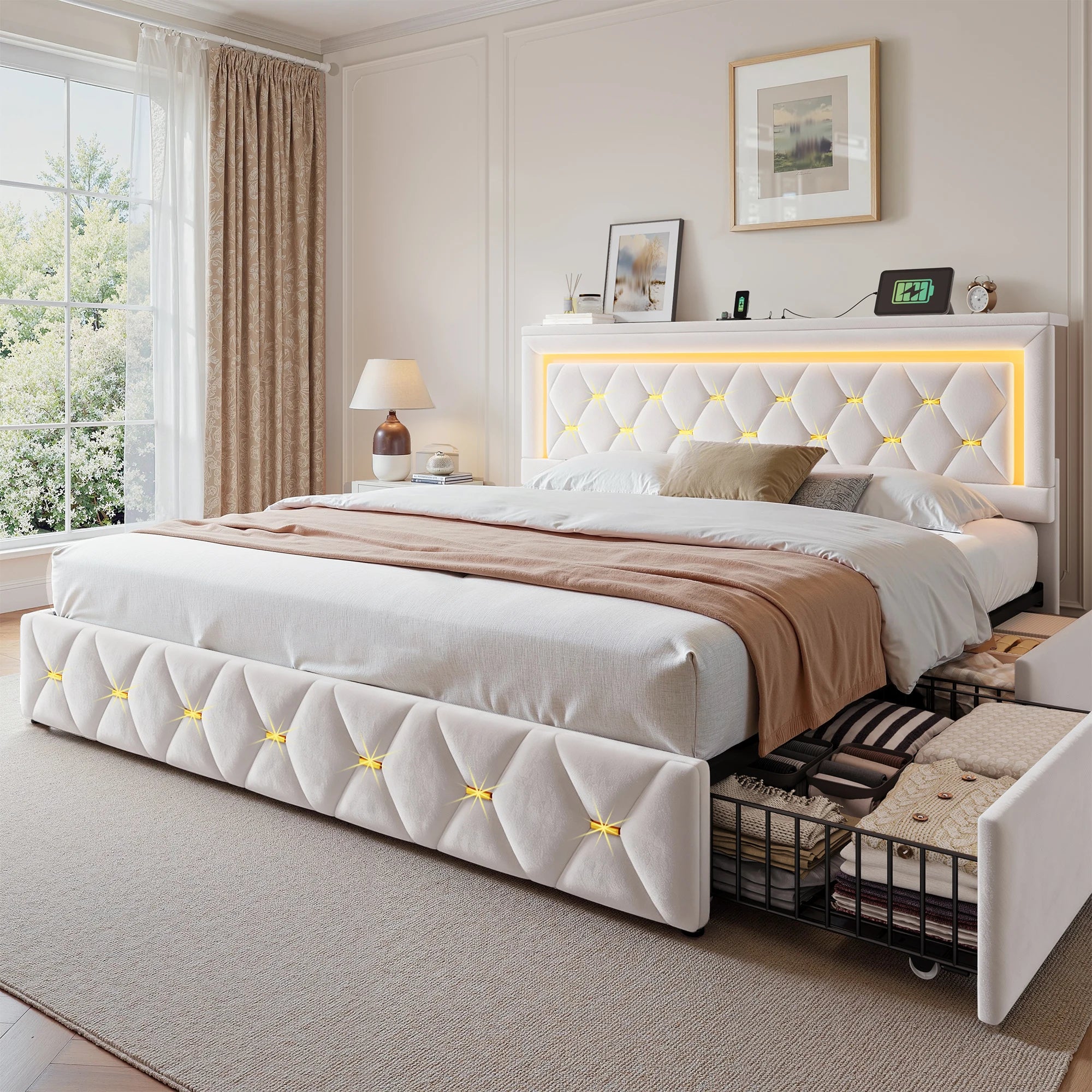 LED Bed Frame with 4 Storage Drawers Platform Bed
