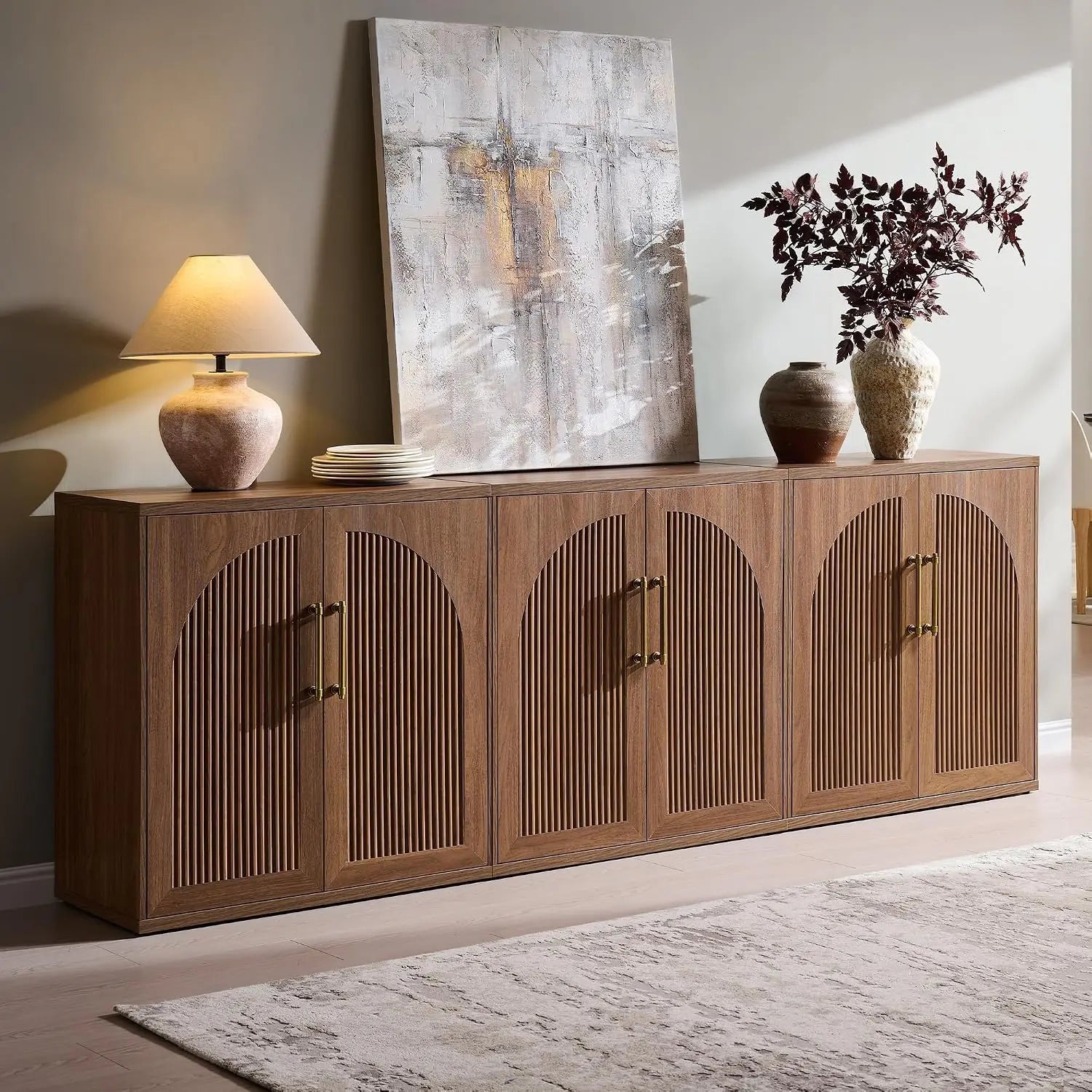 Fluted Arched Door Sideboard Set of 3, Accent Cabinet with Adjustable Shelf, Wood Storage for Dining & Living Room, Customized