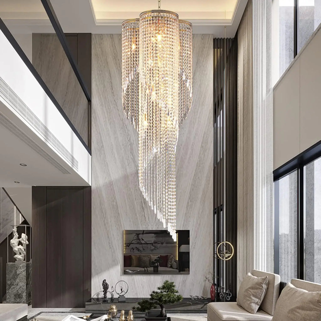 Large Spiral Crystal Beaded Chandelier for High Ceiling