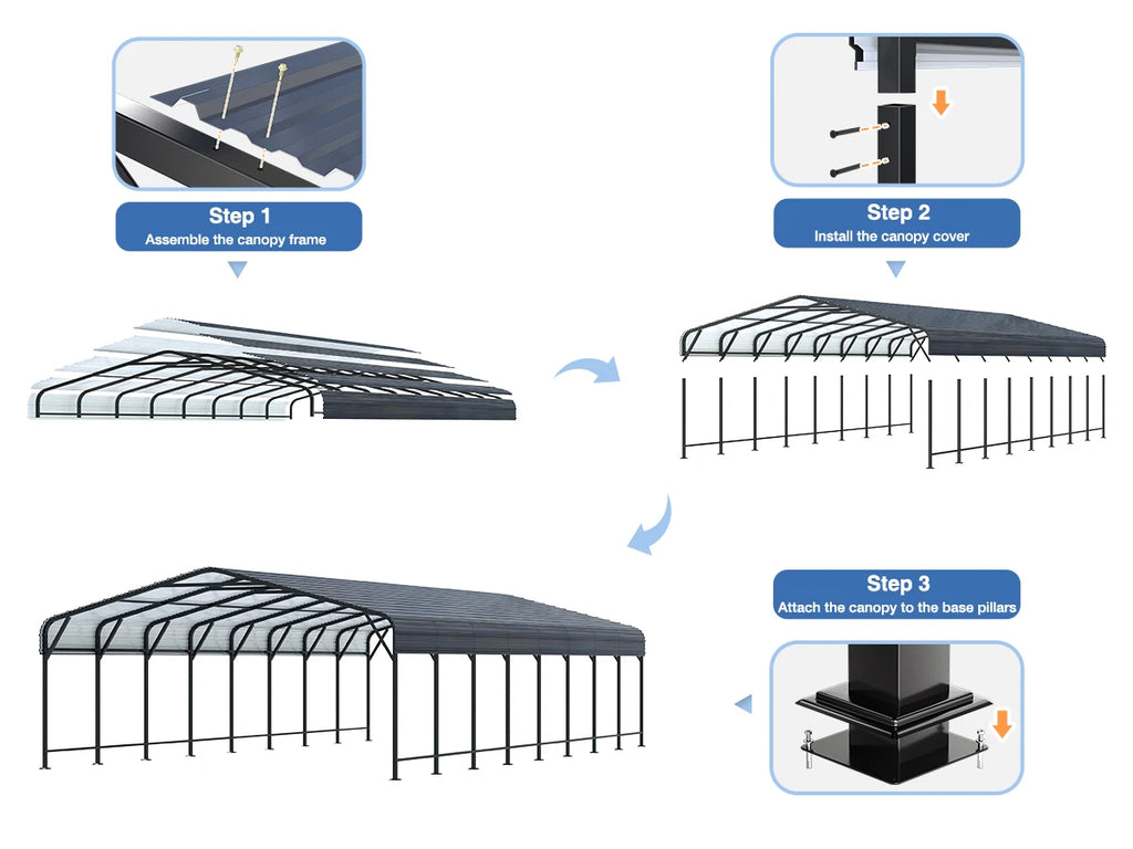 10x15~20x40FT Multi-Size Metal Carport w/ Enhanced Base