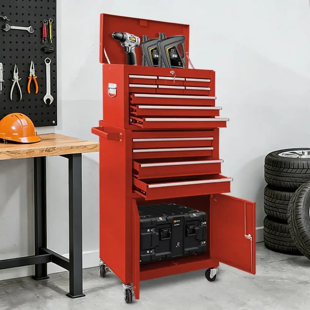 Rolling Tool Chest with Double Doors, 2 in 1 Detachable Rolling Tool Chests, Metal Standing Tool Cabinet with Lock, Large Toolb
