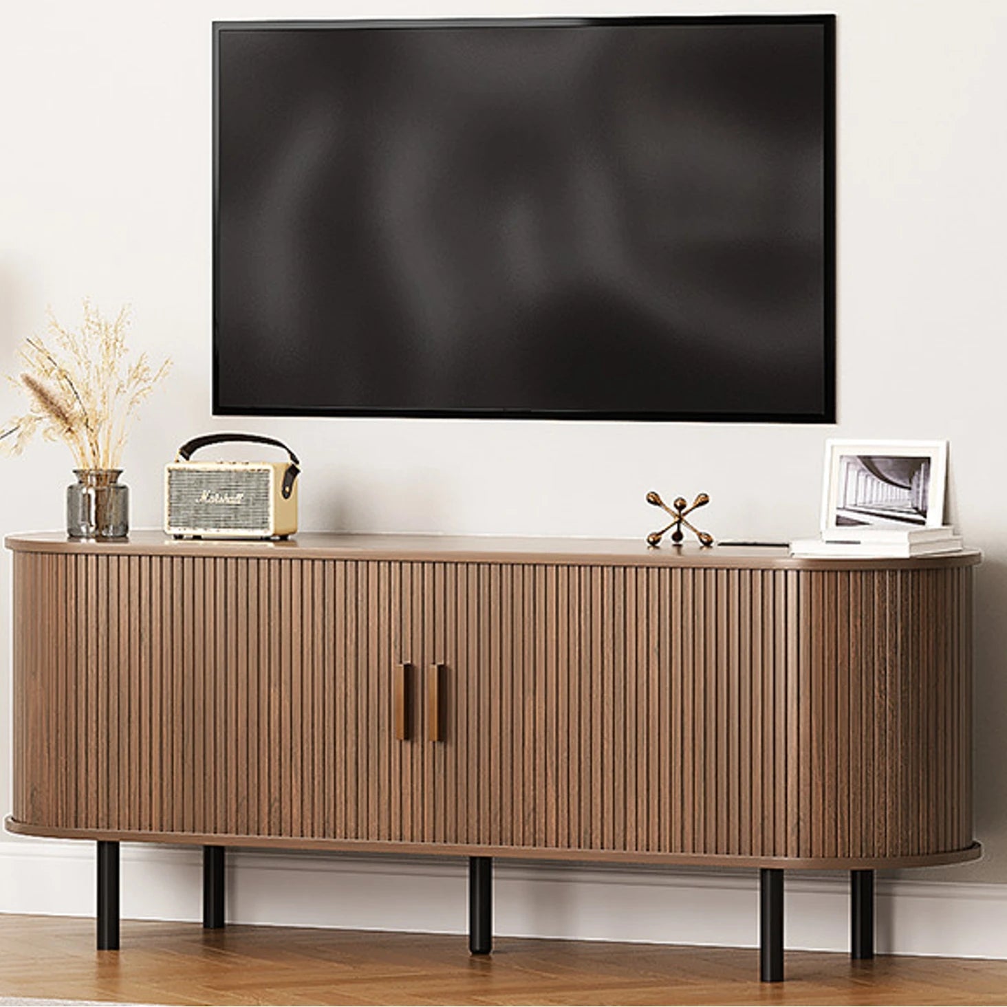 TV Stand, Power Outlet, 60/70",TV, Sliding Doors, Adjustable Shelves