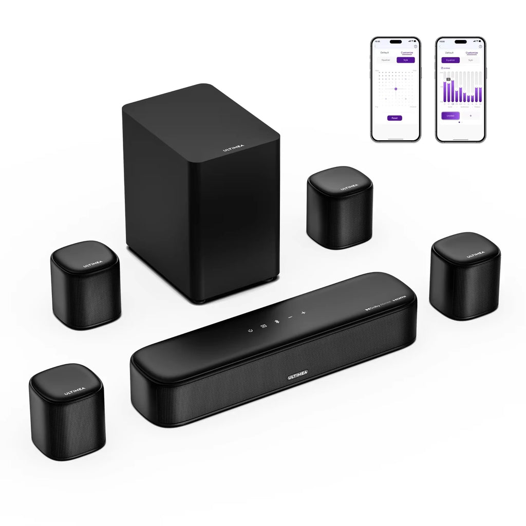 ULTIMEA Aura A60 7.1ch Sound Bar with Dolby Atmos Surround Sound System for TV with 4 Black Surround Speakers for Home Theater