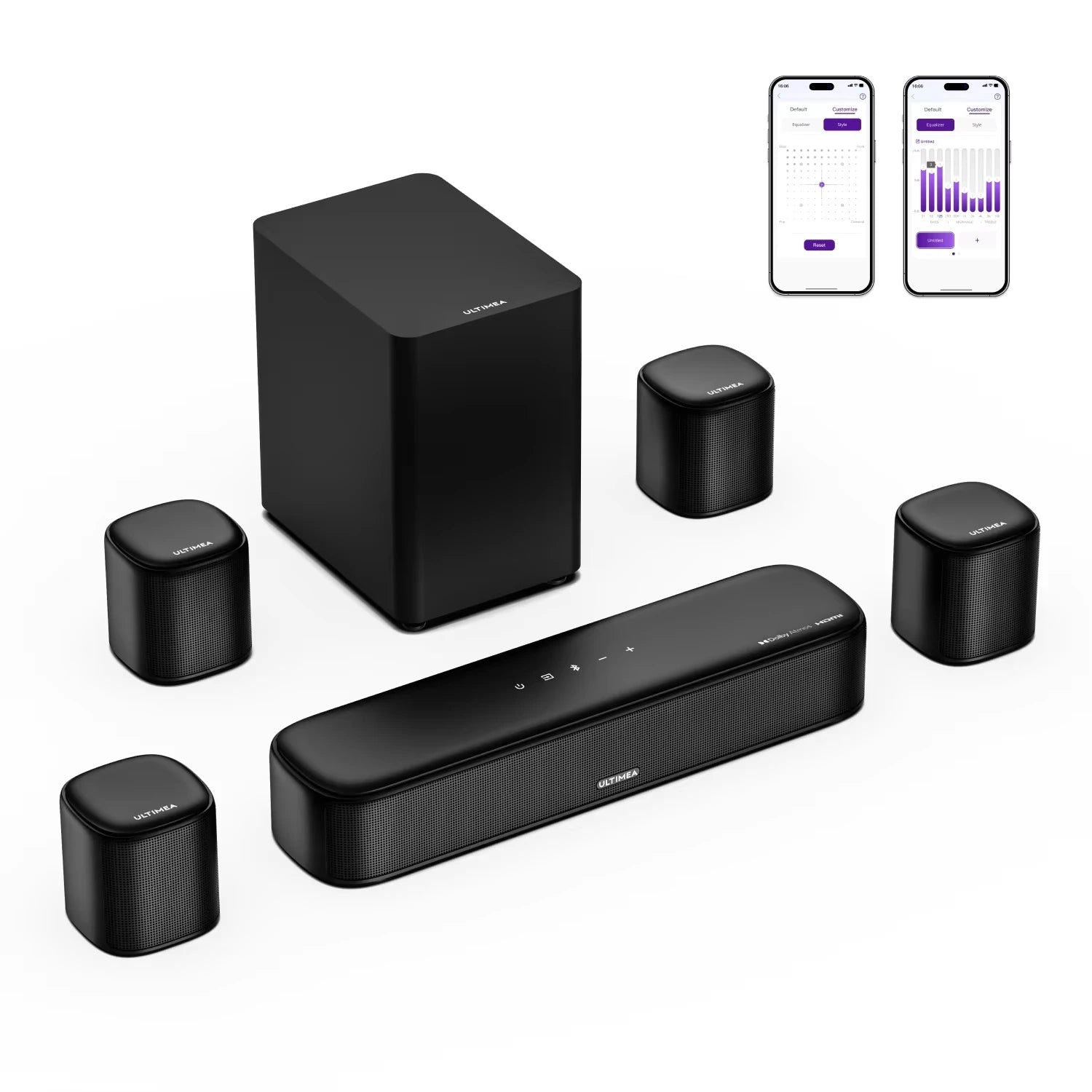 ULTIMEA Aura A60 7.1ch Sound Bar with Dolby Atmos Surround Sound System for TV with 4 Black Surround Speakers for Home Theater