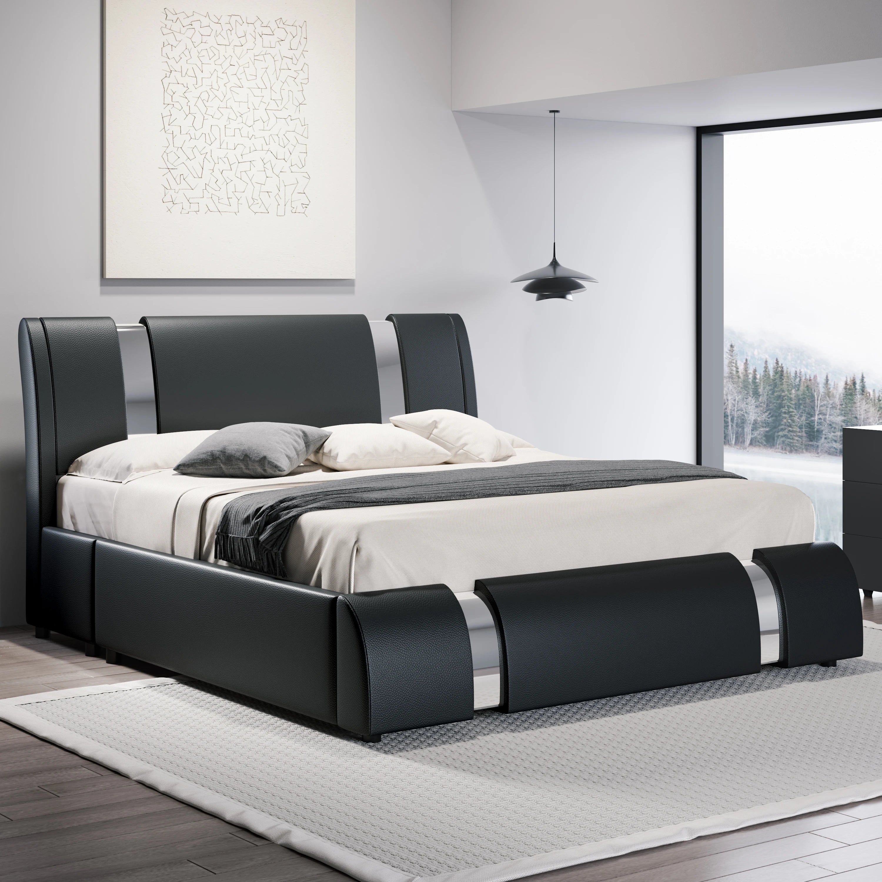 Modern Faux Leather Bed Frame with Iron Pieces