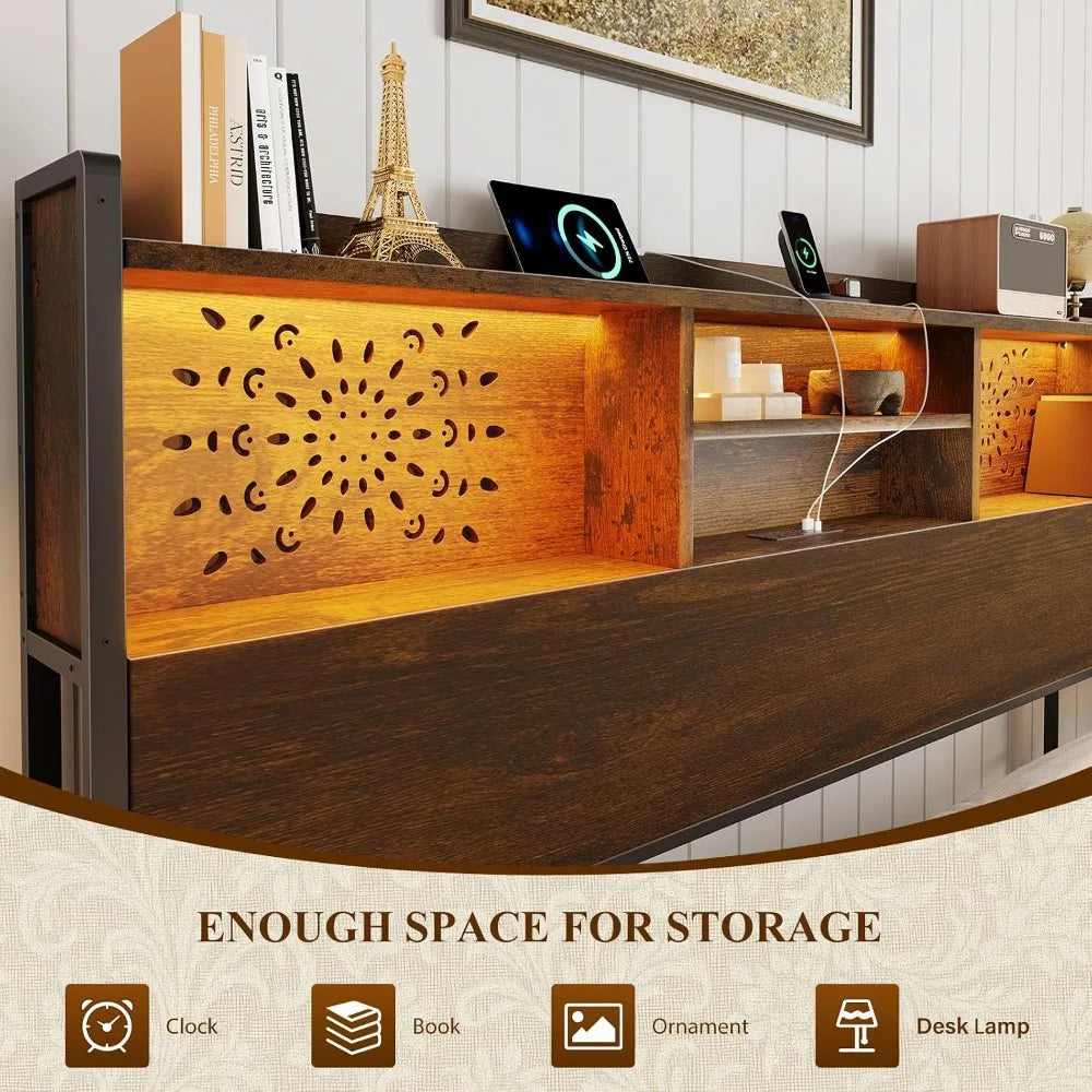 King Bed Frame with 6 Storage Drawers and Carving Headboard,