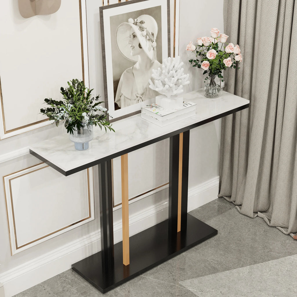 Contemporary Style Console Table with Stone Top and Pedestal Base