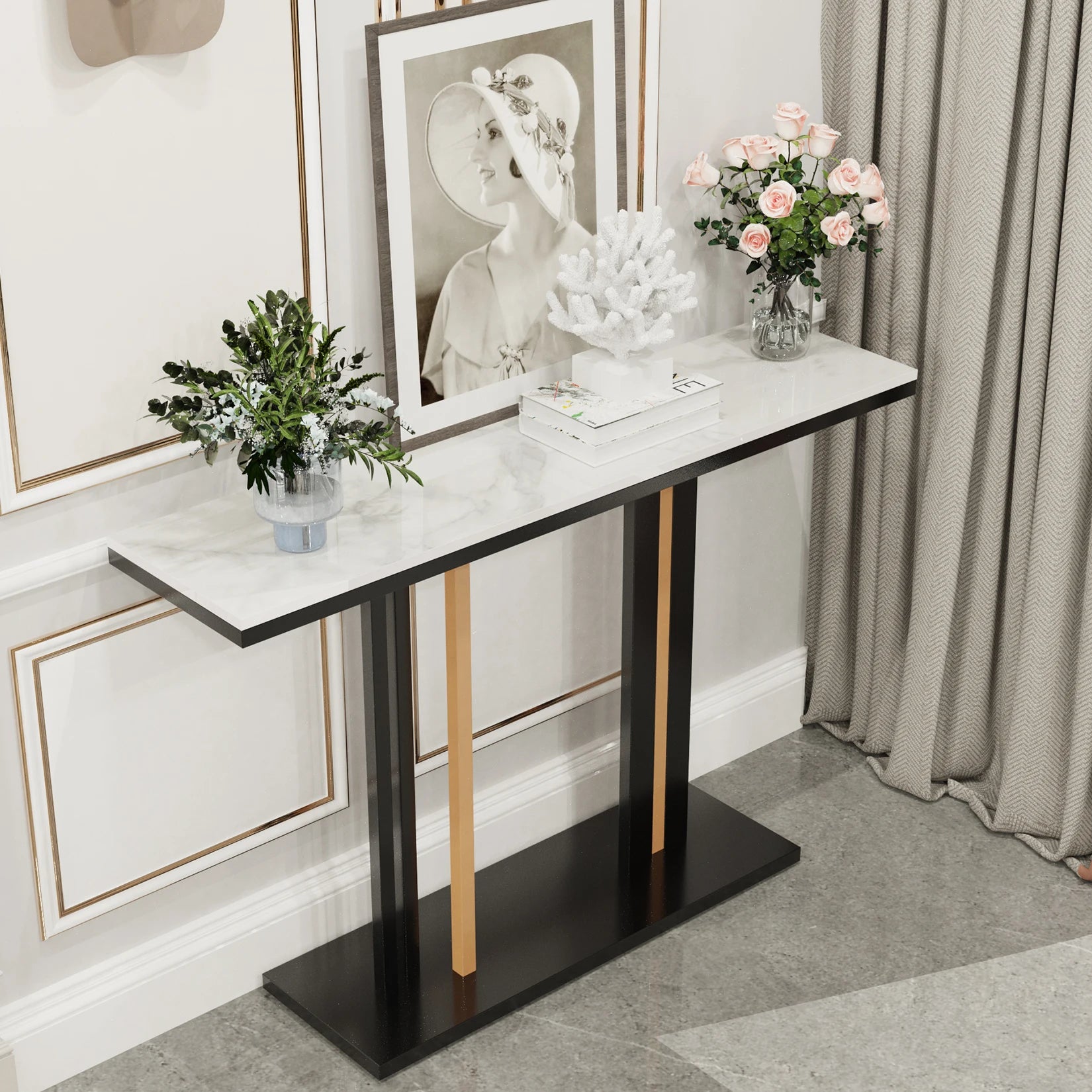 Contemporary Style Console Table with Stone Top and Pedestal Base