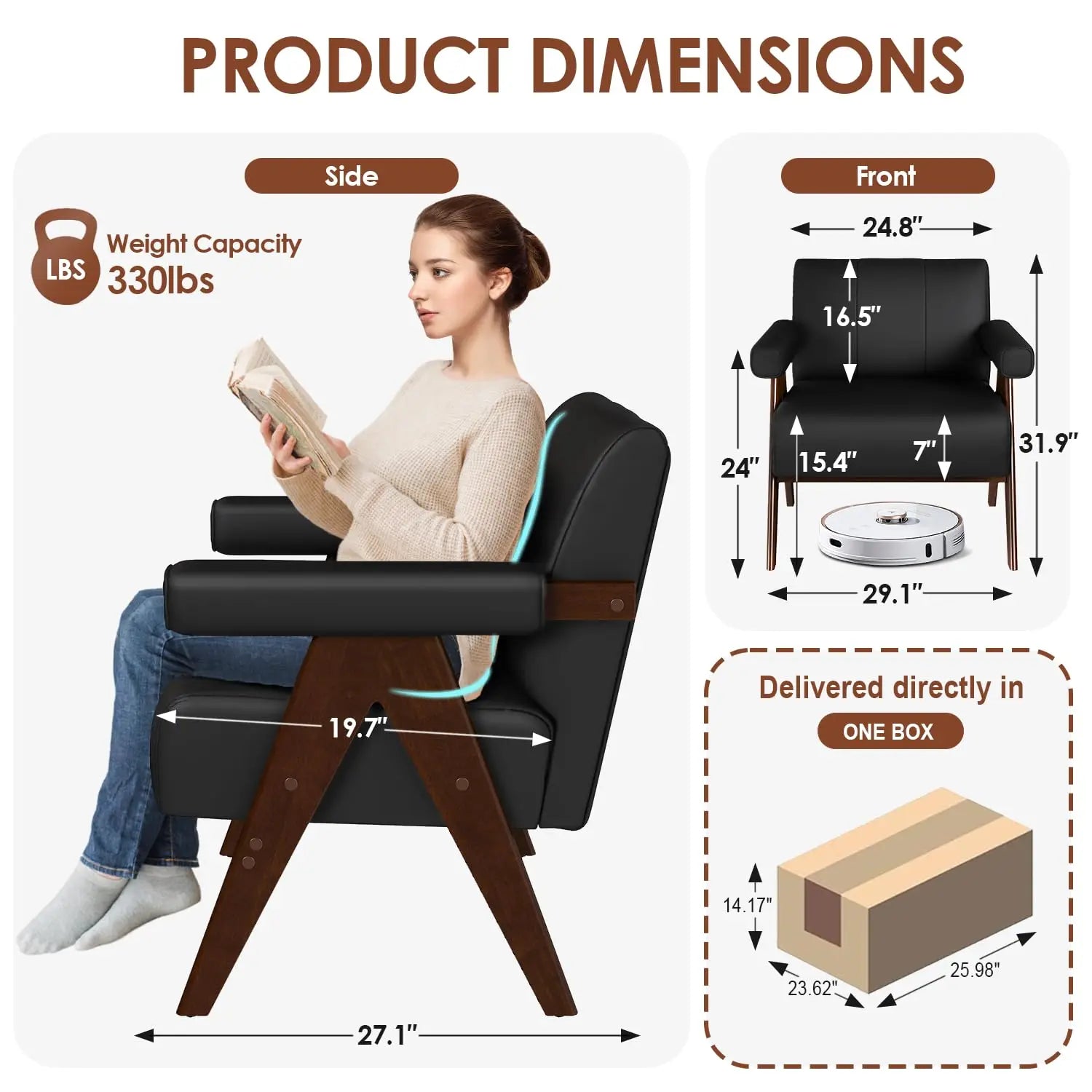 Mid Century Modern Black Leather Accent Chair Set Of 2 Comfy Reading Side Arm Chairs Wood Arms Living Room Bedroom,Customized