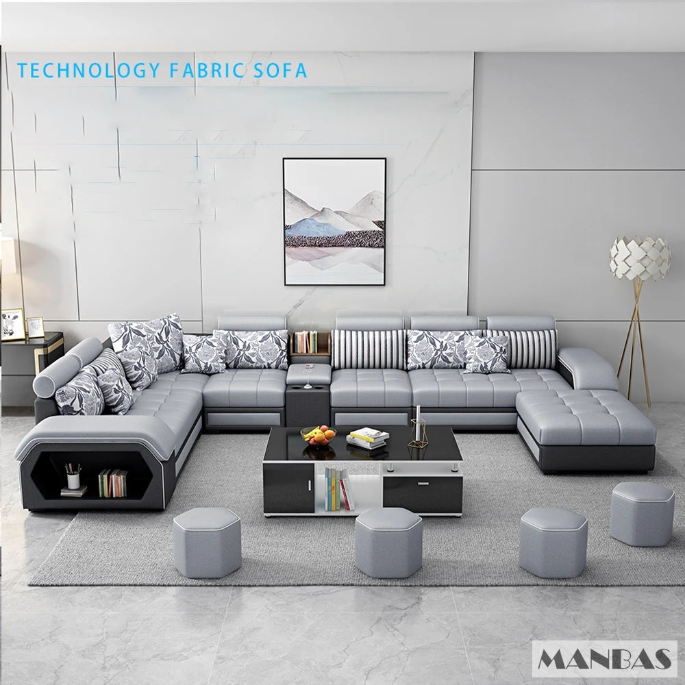 Fabric Sofa Set Furniture, Living Room Sofa Set, with USB and Stools / Big U Shape Cloth Couch Sofas for Home Furniture