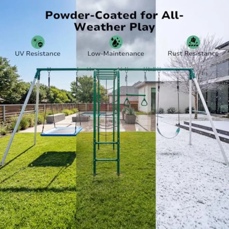 Backyard Swing Set with Monkey Bars, Belt Swing, Platform Swing, Climbing Net, Trapeze Bar