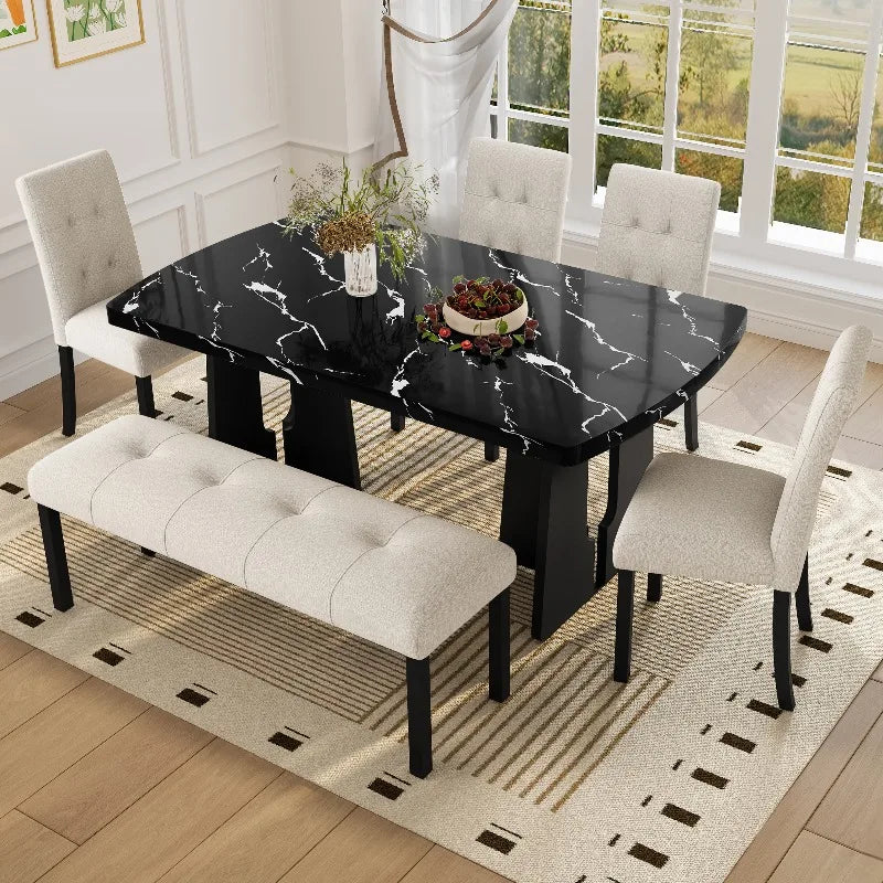 6 Piece Modern Dining Table Set, 63" Faux Marble Dining Table