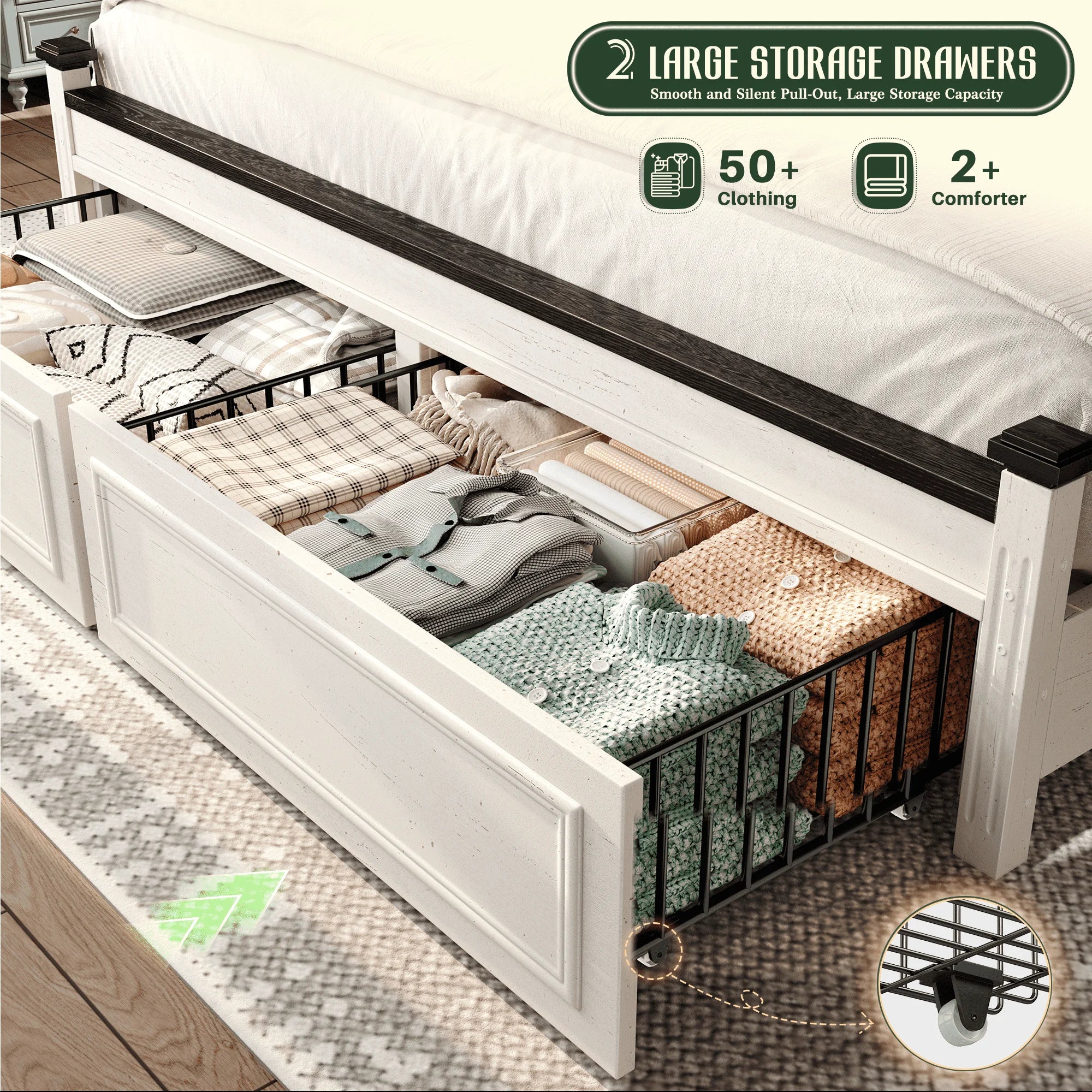 Tall 51.25" H Headboard Bed Frame with 2 with Storage Drawers