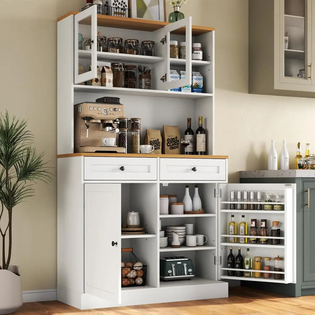 Modern Kitchen Hutch with Microwave Stand, Kitchen Pantry Storage Cabinet with 2 Darwers & Door Shelf，Tall Pantry Cabinet