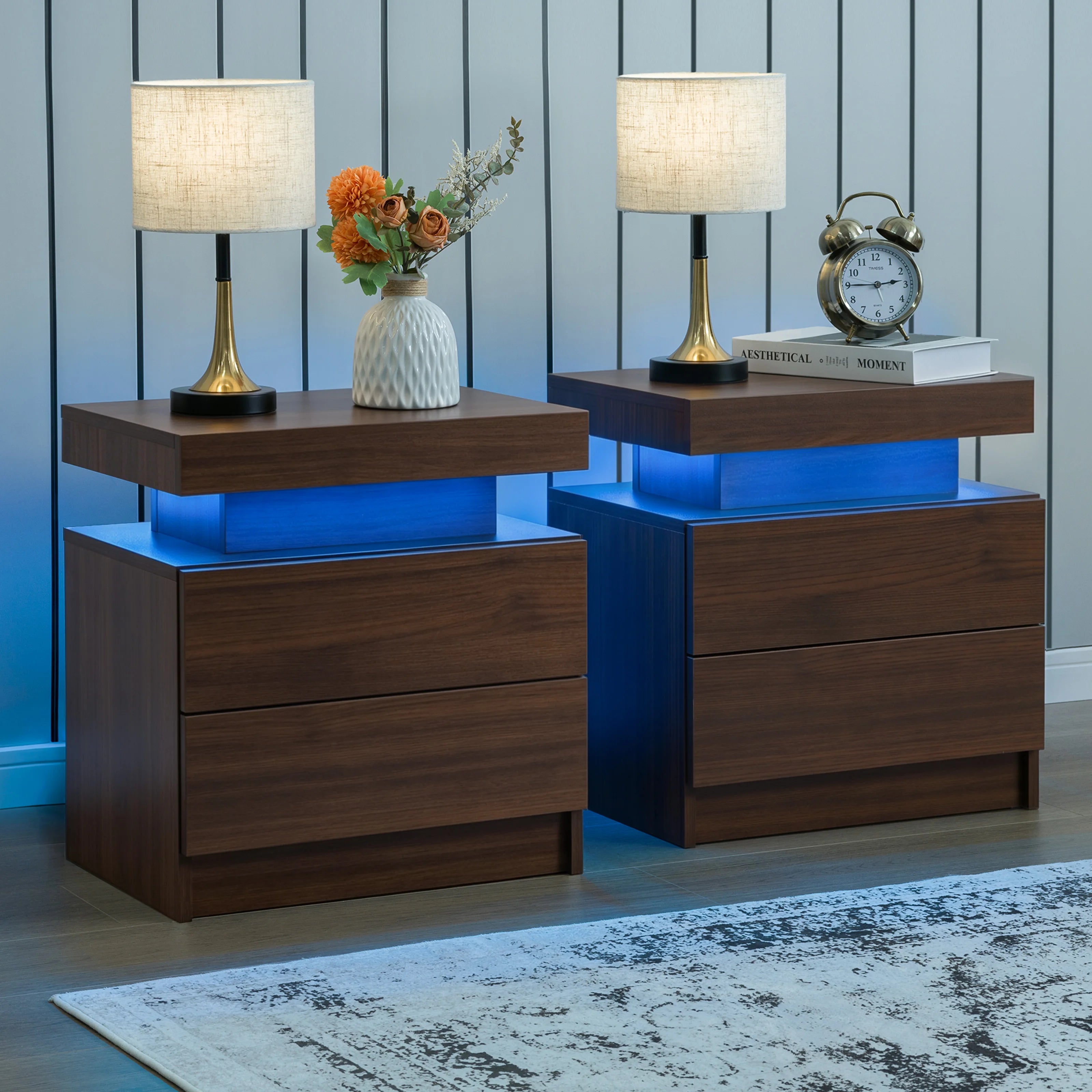 Nightstand Set of 2 LED Nightstand with 2 Drawers