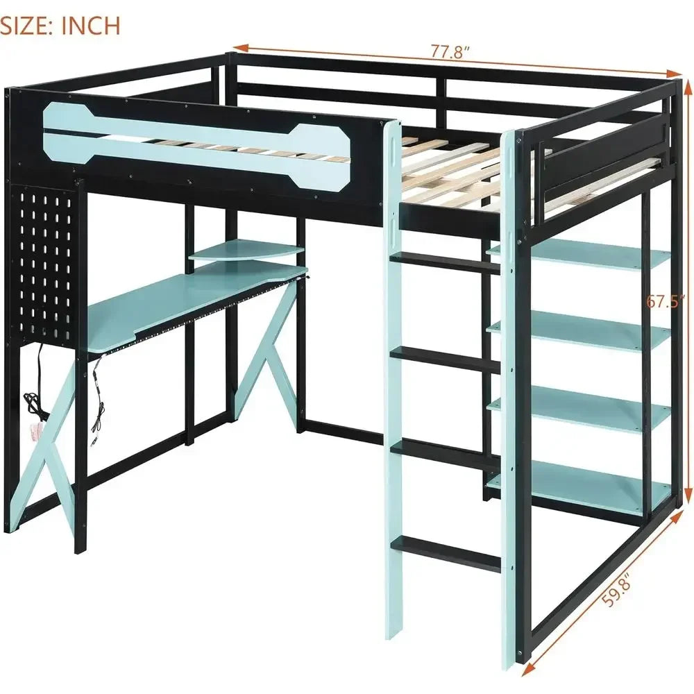 Full Size Gaming Loft Bed with Desk, USB Ports, LED Lights,