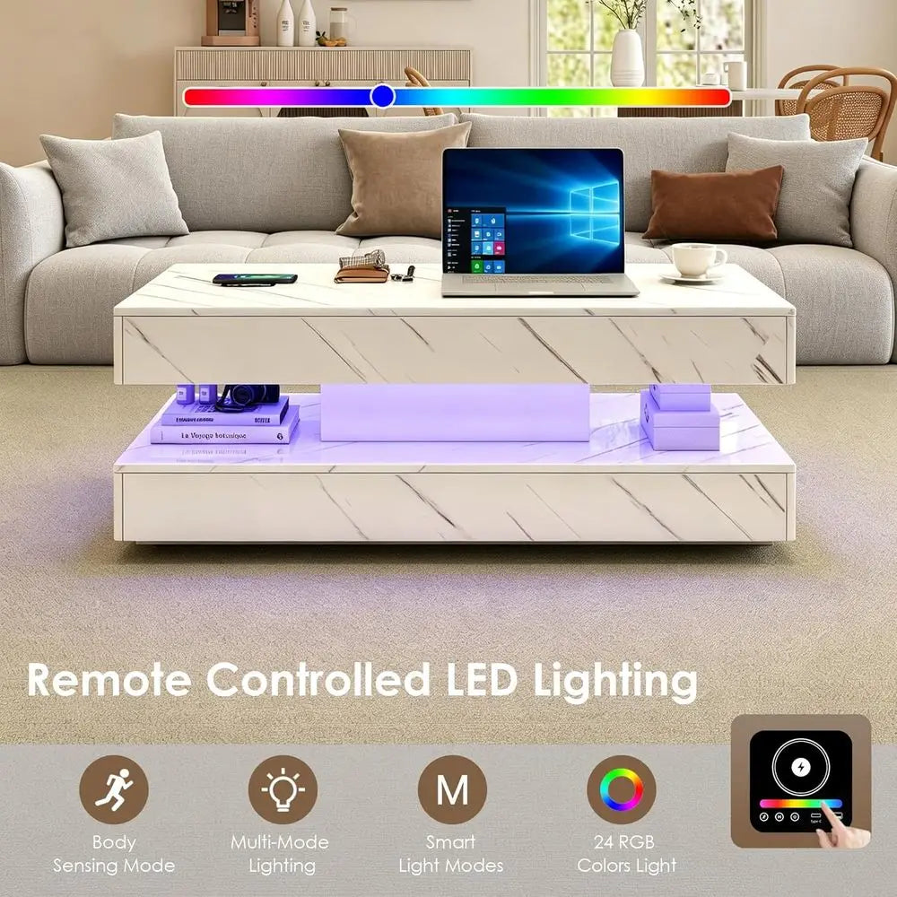 LED Smart Coffee Table with Bluetooth Speaker, Wireless Charging