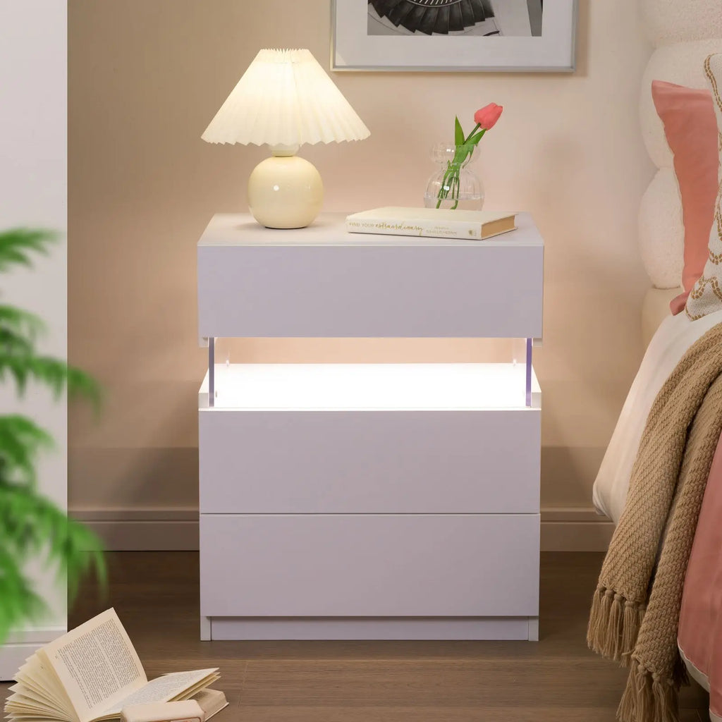 Bedside Tables with LED Lighting 3 Drawers