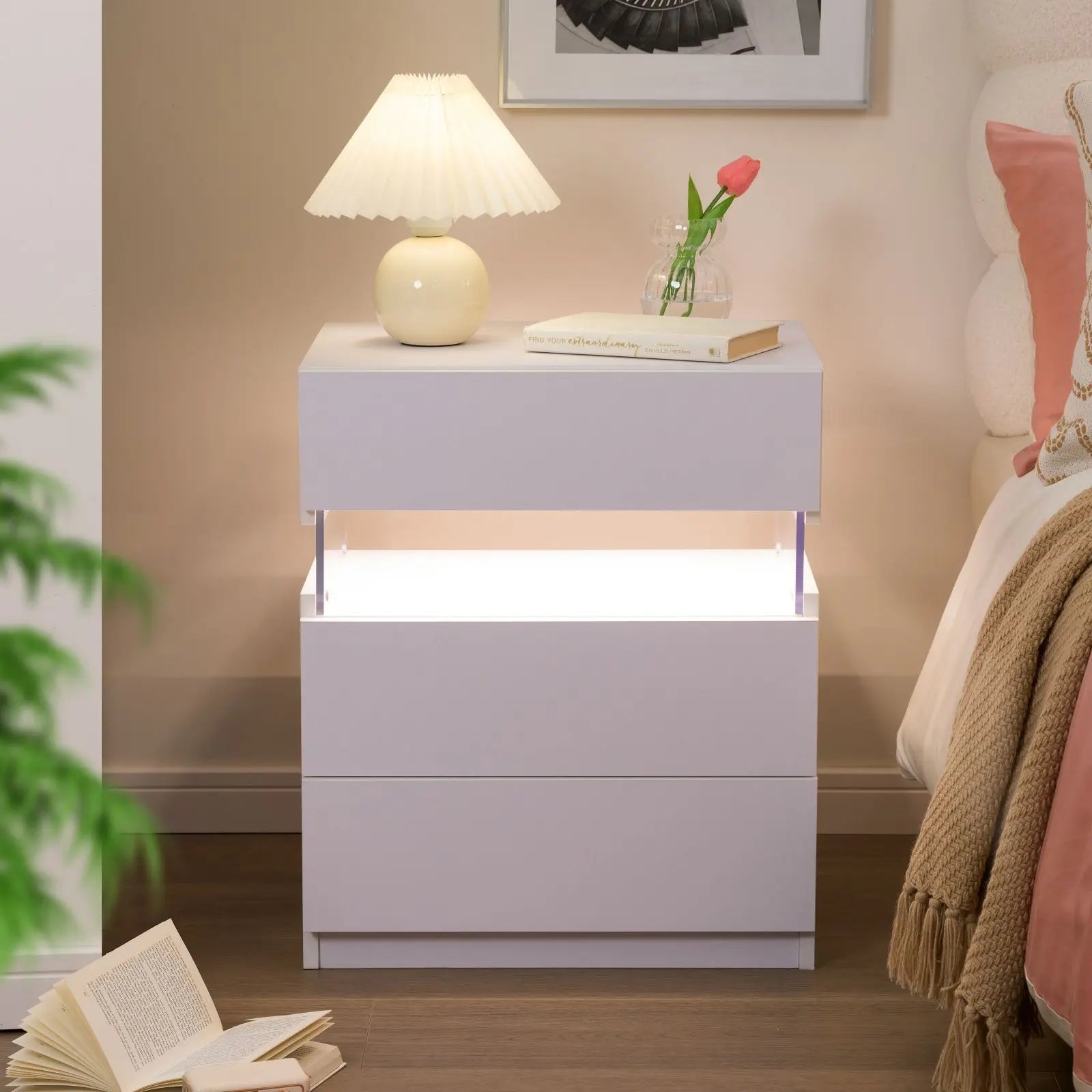 Bedside Tables with LED Lighting 3 Drawers