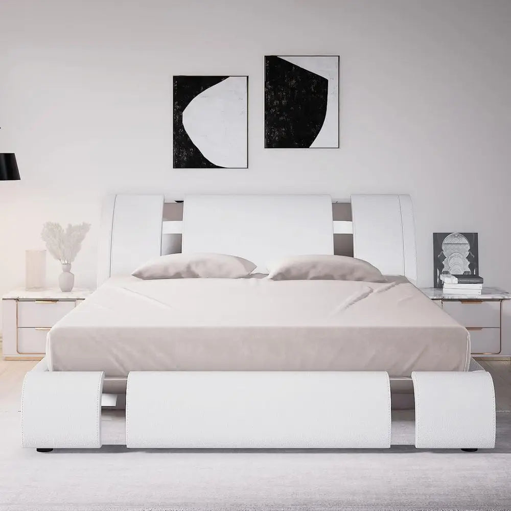 Queen Size Platform Bed with Iron Piece Decor, Leather Upholstered Bed with Curved Adjustable Board, Wooden Slats Support, No Bo