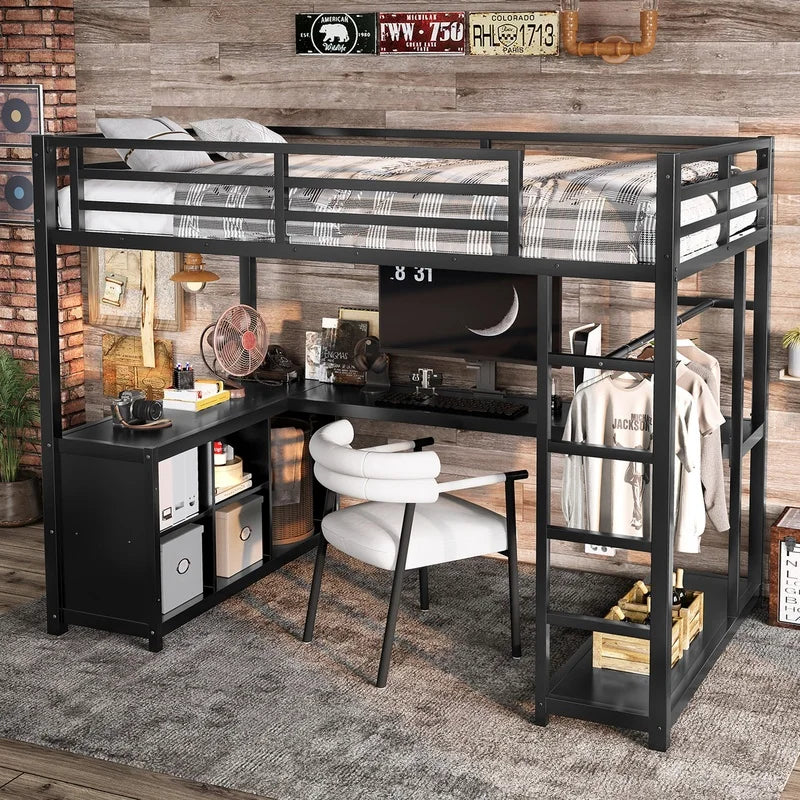 Black Metal Loft Bed with Wardrobe and L-Shaped Desk, Twin Size, Storage Shelves, for Kids Teens Adults
