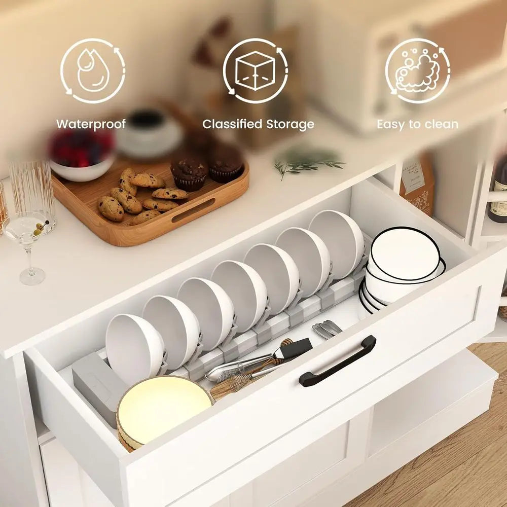 White Kitchen Storage Cabinet with 4 Doors & Adjustable Shelves