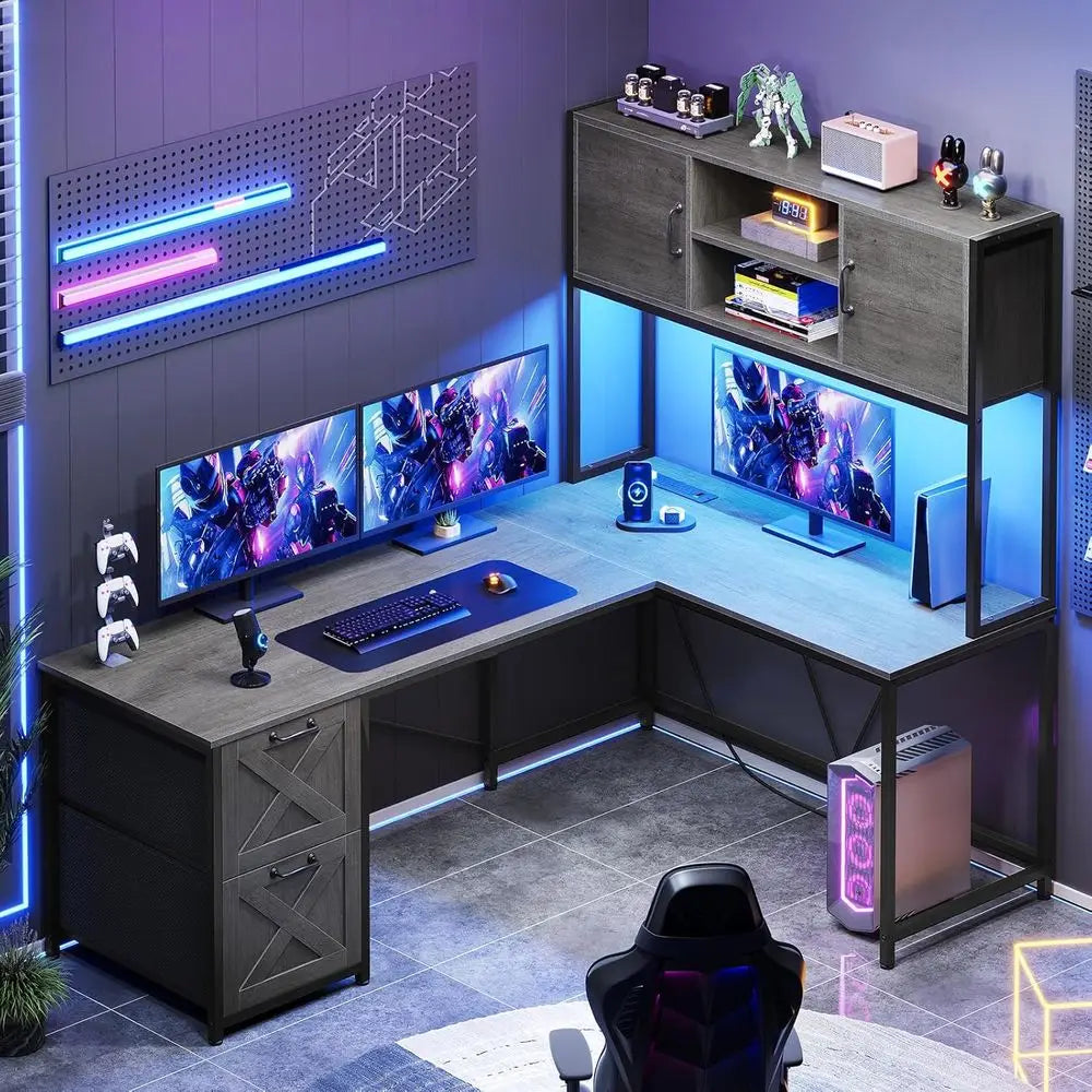 Grey L-Shaped Gaming Desk with Fabric Drawers, Power Outlet, LED Lights, Hutch