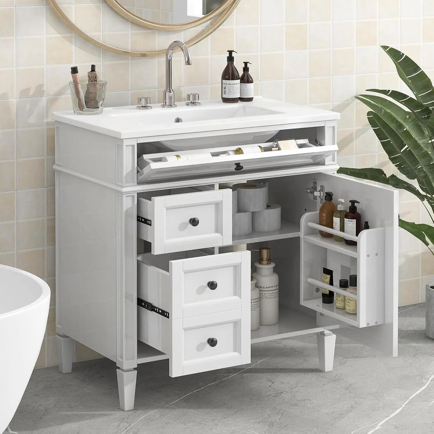 30" Bathroom Vanity Ceramic Sink Modern Freestanding Storage