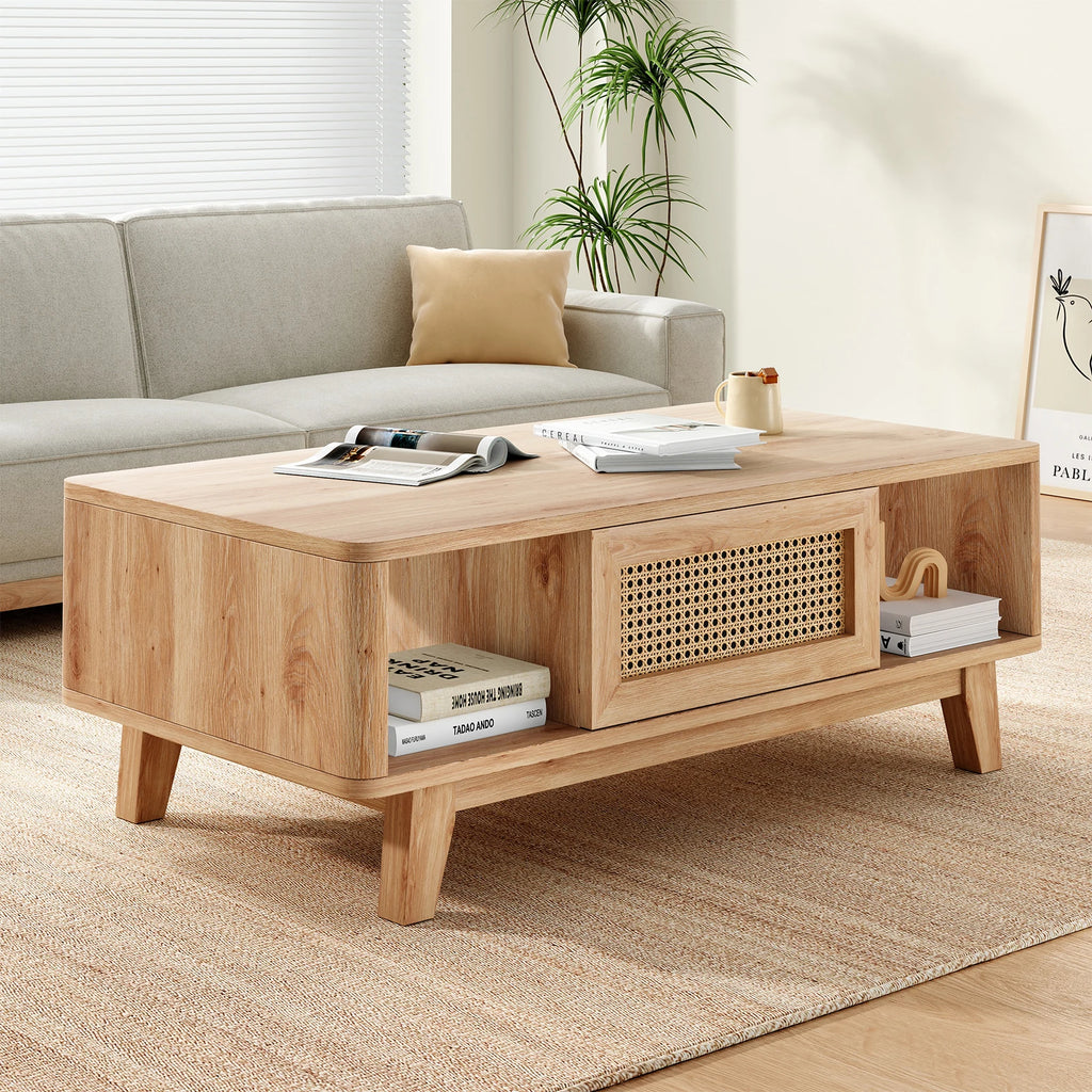 Modern Coffee Table with Rattan Drawer