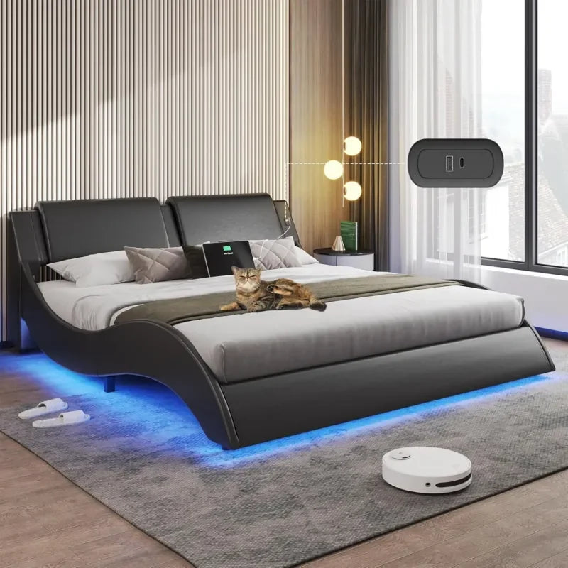 Queen Bed Frame with LED Lights and Charging Port for Imitation Leather Interior Bed