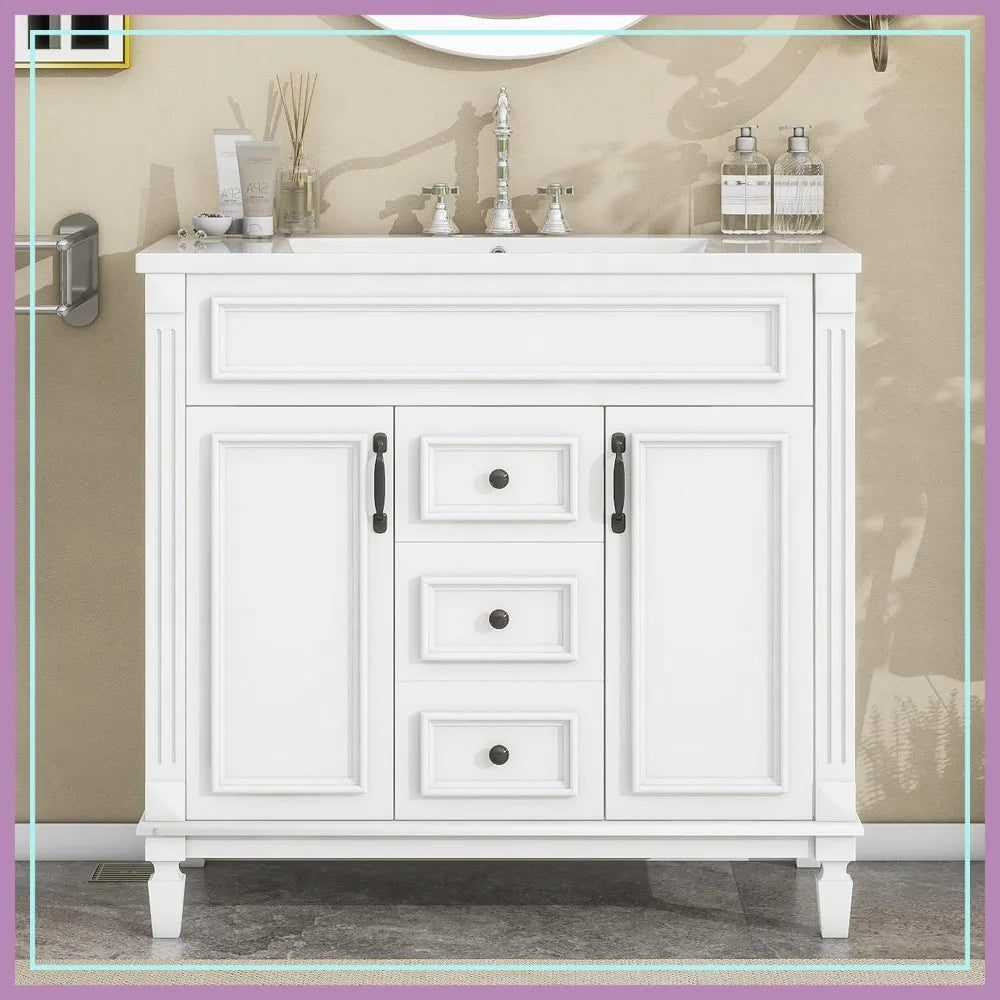 36'' Bathroom Vanity with Ceramic Sink, 2 Doors 2 Drawers