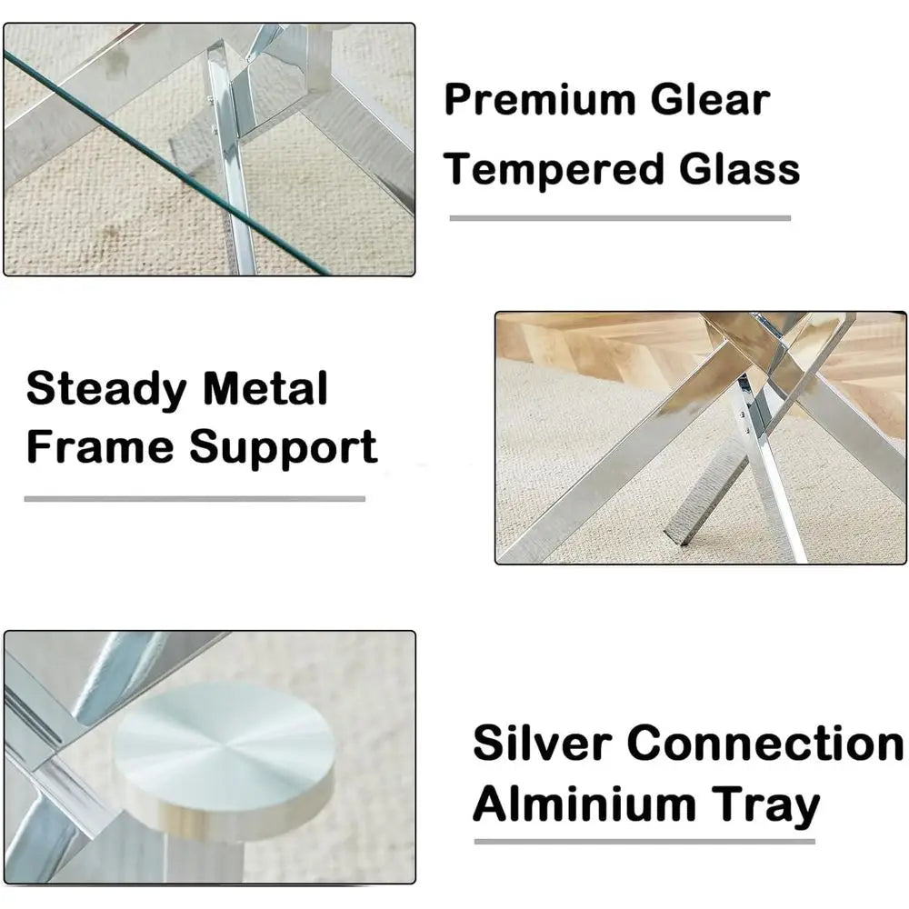 Modern Tempered Glass Dining Table for 4-6, Silver Metal Legs, Suitable for Home Kitchen