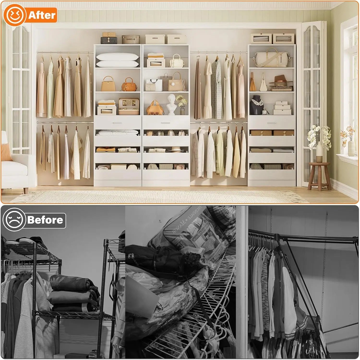 Wood Closet Organizer 12 Drawers 4 Rods 3 Towers