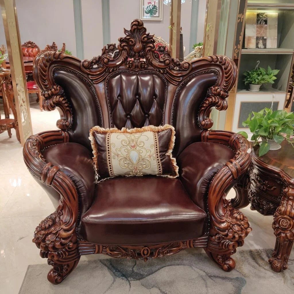 Luxury hand-carved leather European living room antique chair