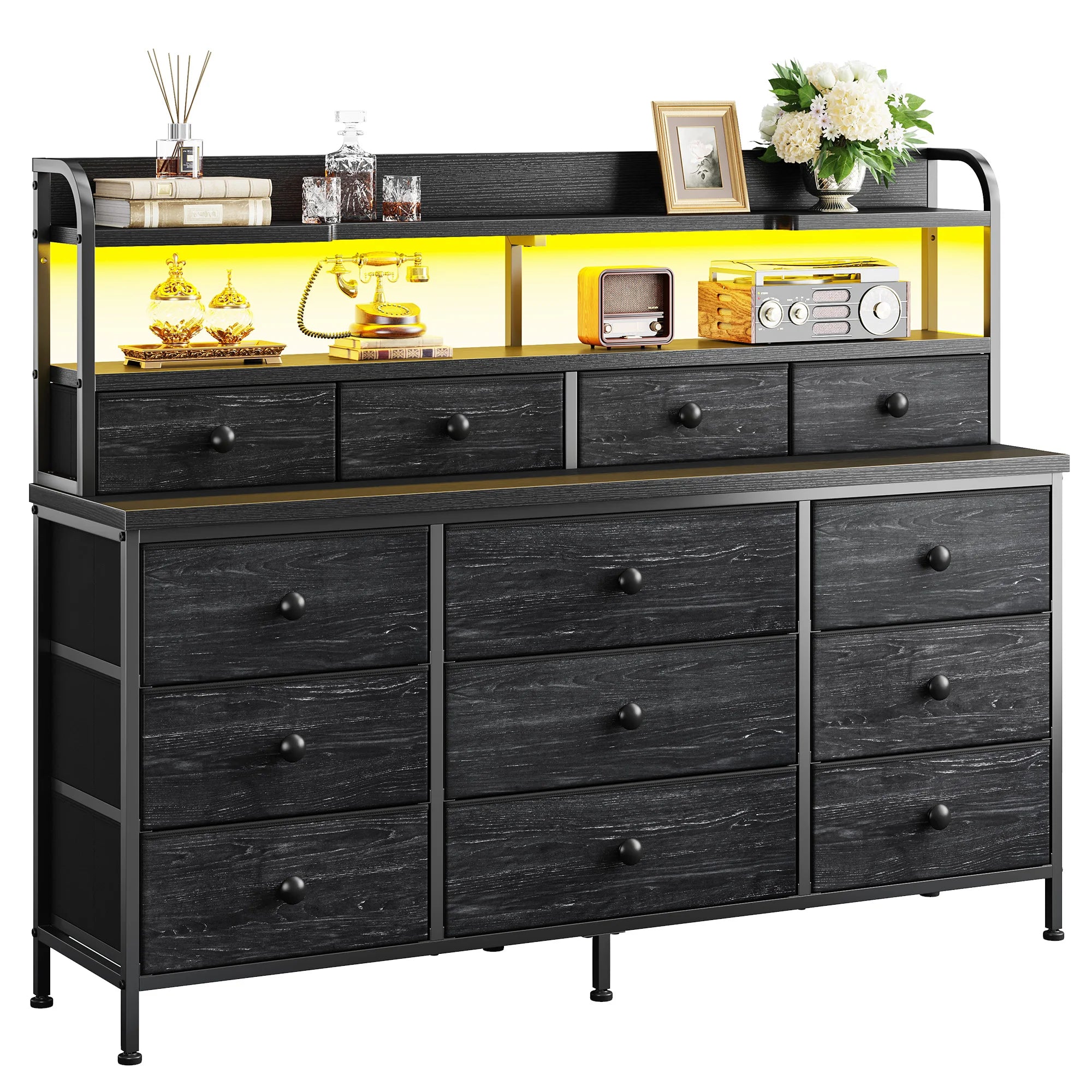 13 Drawer Fabric Dresser with LED Lights and Shelves