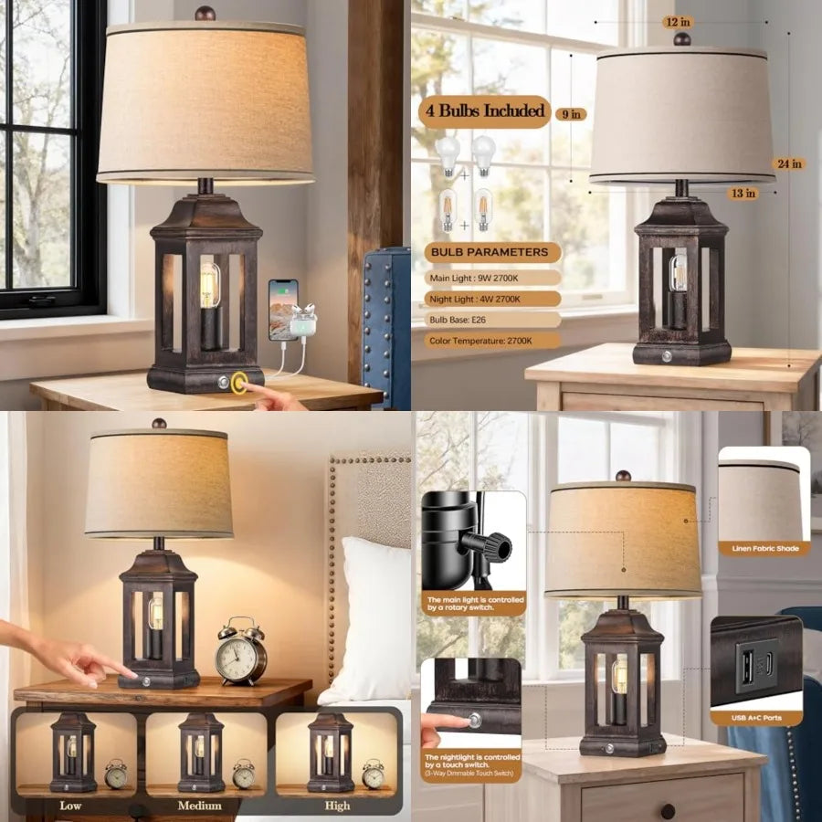 24" Rustic Farmhouse Table Lamps for Living Room, Single Pack Touch Dimmable Nightlight Vintage Bedside Lamps with USB A+C Port
